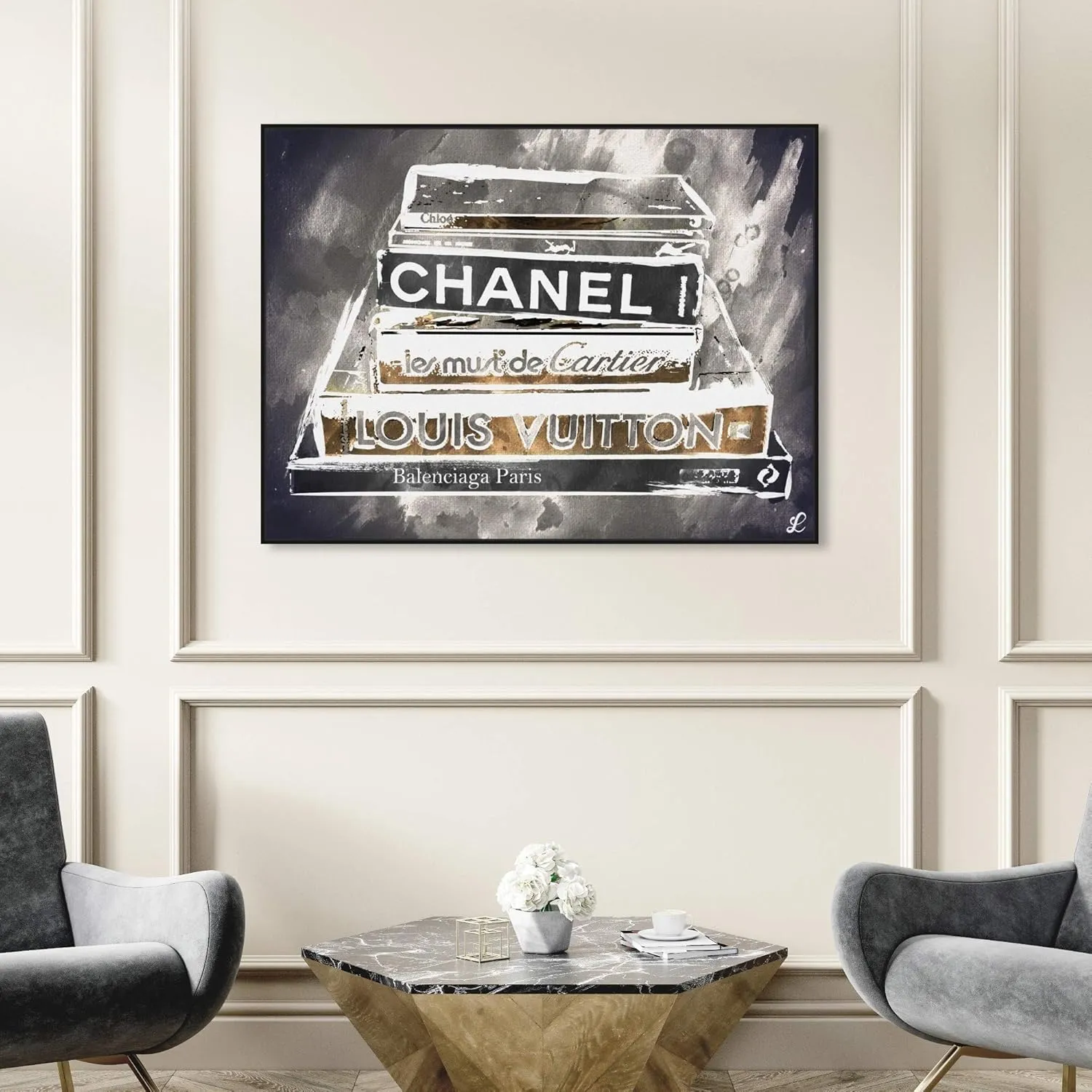 The Oliver Gal Artist Co. Fashion and Glam Framed Wall Art Canvas Prints 'Lectures Grey' Books Home Décor, 45" x 36", Gold, Gray