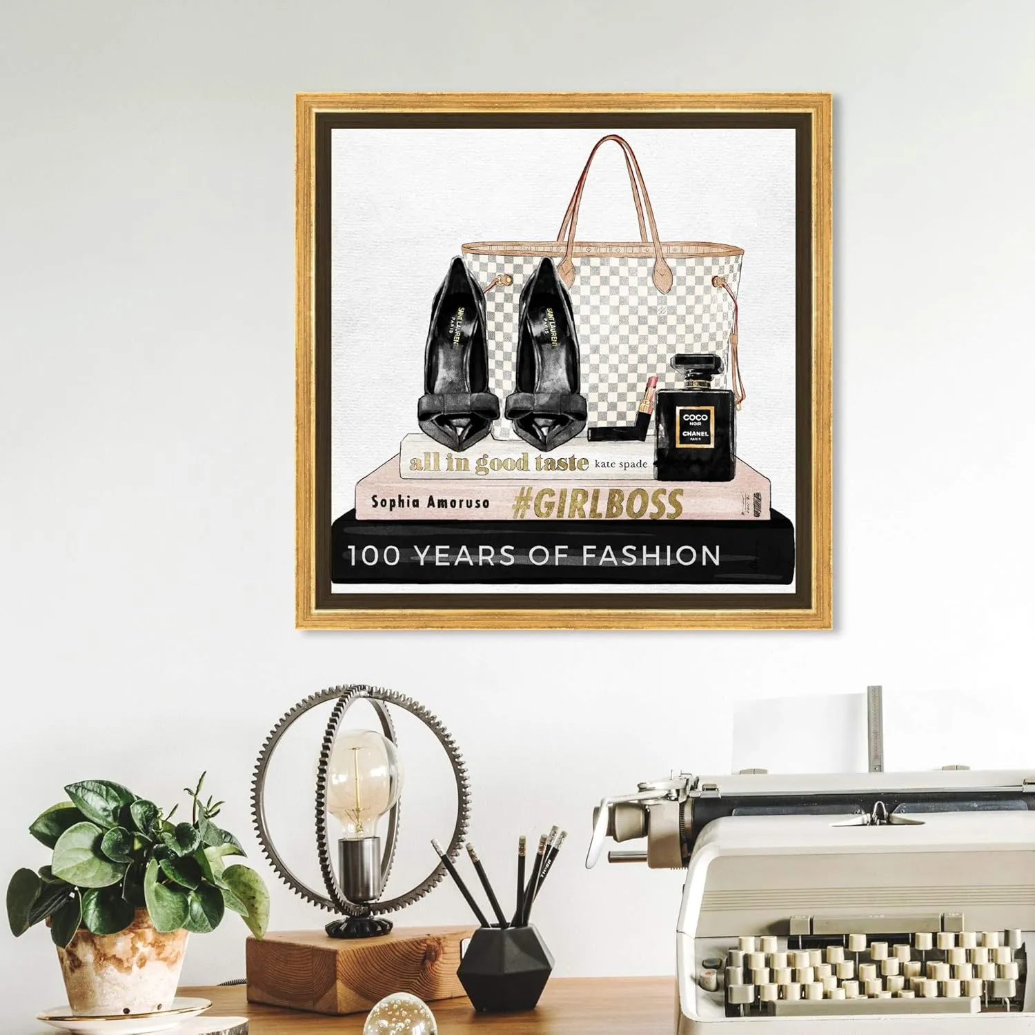 The Oliver Gal Artist Co. Fashion and Glam Wall Art Canvas Prints 'Going Out Books' Shoes Home Décor, 12 in x 12 in, Gold Frame