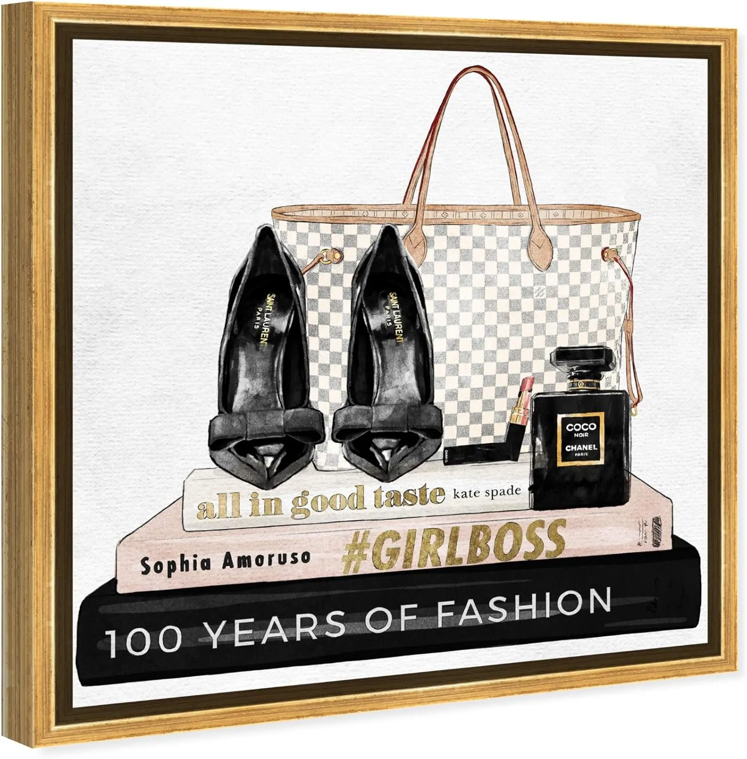 The Oliver Gal Artist Co. Fashion and Glam Wall Art Canvas Prints 'Going Out Books' Shoes Home Décor, 12 in x 12 in, Gold Frame