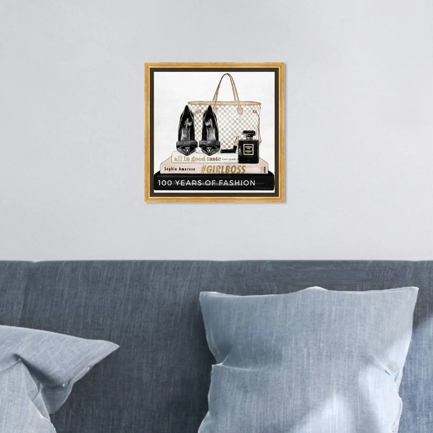 The Oliver Gal Artist Co. Fashion and Glam Wall Art Canvas Prints 'Going Out Books' Shoes Home Décor, 12 in x 12 in, Gold Frame