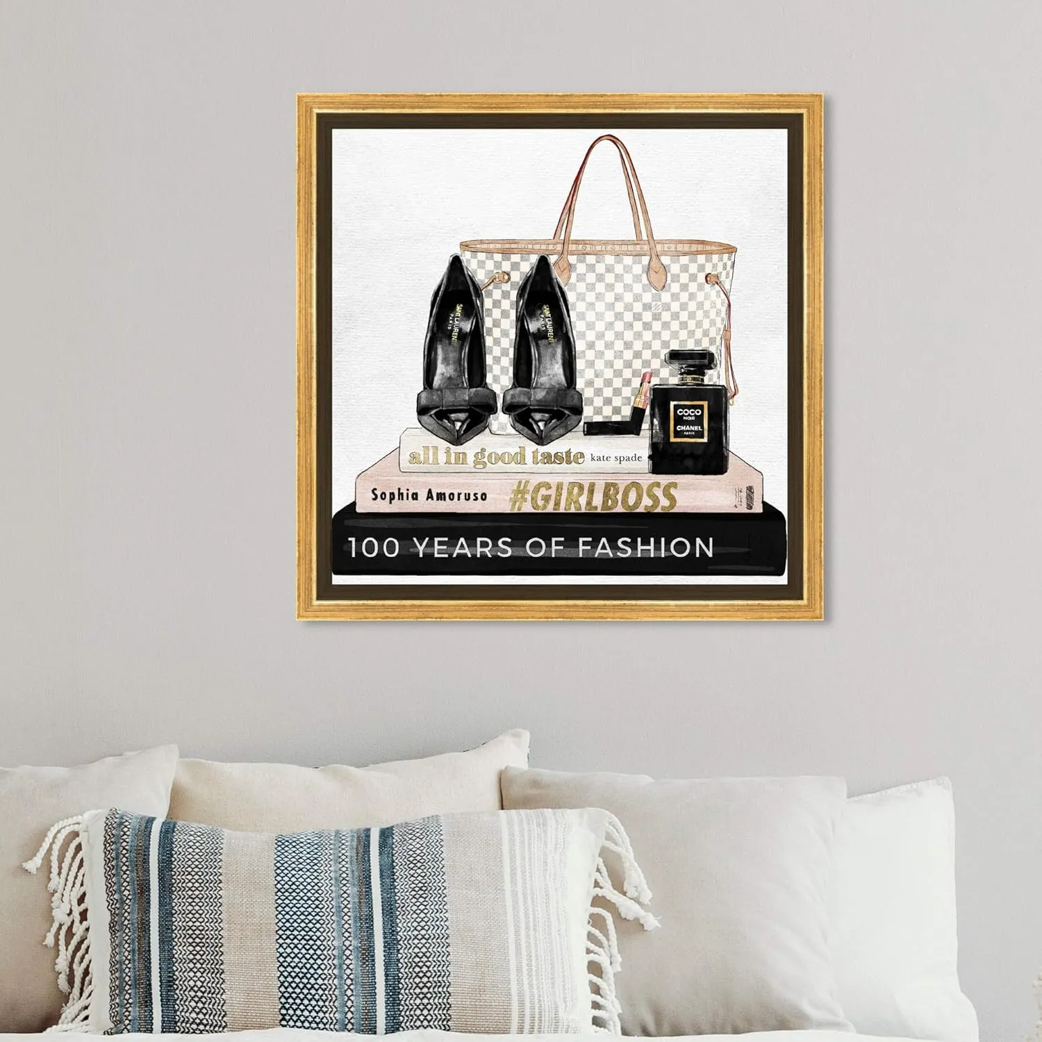 The Oliver Gal Artist Co. Fashion and Glam Wall Art Canvas Prints 'Going Out Books' Shoes Home Décor, 12 in x 12 in, Gold Frame