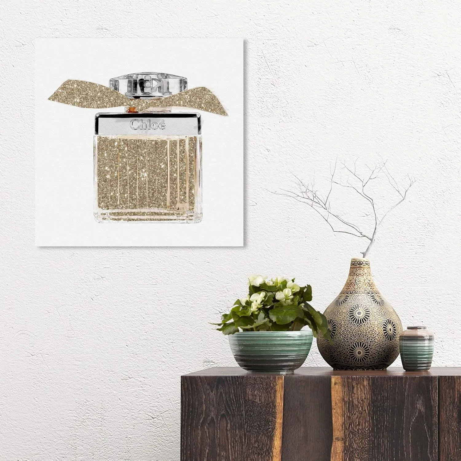 The Oliver Gal Artist Co. Fashion and Glam Wall Art Canvas Prints 'Lovely Sweet Perfume' Home Décor, 16" x 16", Gold, Gray