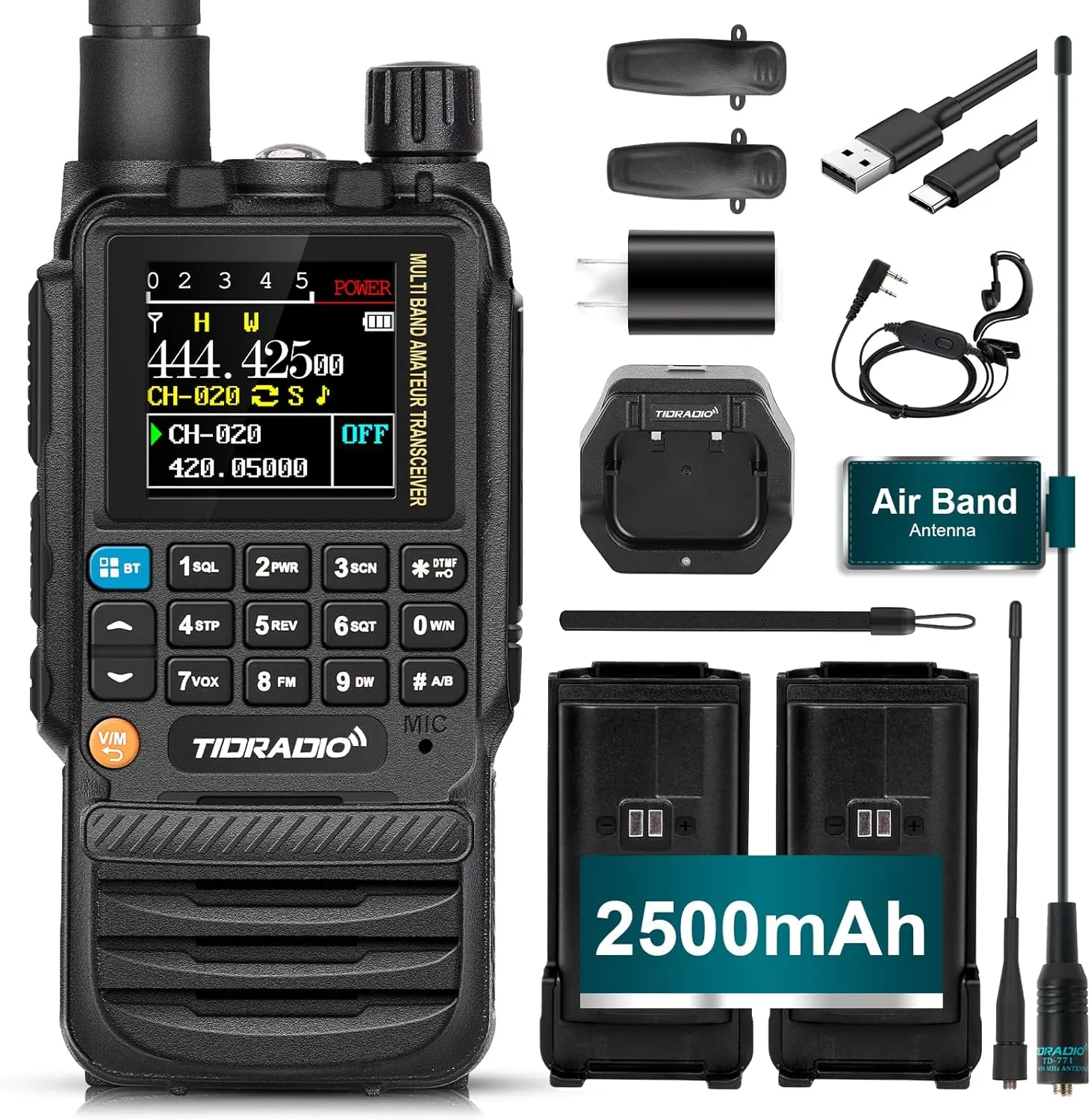 TIDRADIO TD-H3 Ham Multi-Band Radio(2×2500mAh Batteries), Wireless Programming, USB-C Programming & Charging Multi-Band Handheld Long Range, AM Long Antenna, DTMF NOAA FM VOX SCAN Frequency Match