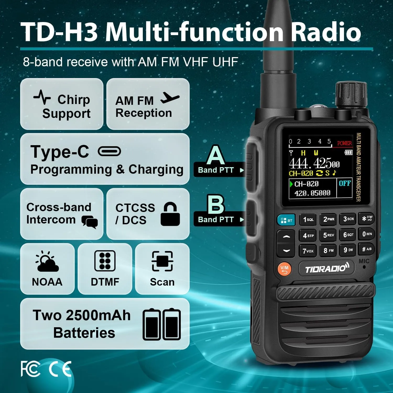 TIDRADIO TD-H3 Ham Multi-Band Radio(2×2500mAh Batteries), Wireless Programming, USB-C Programming & Charging Multi-Band Handheld Long Range, AM Long Antenna, DTMF NOAA FM VOX SCAN Frequency Match