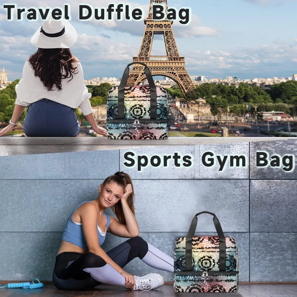 Tie Dye Travel Duffel Bag Sports Tote Gym Bag, Double layer Large Waterproof Overnight Shoulder Weekender Bag for Women Men…