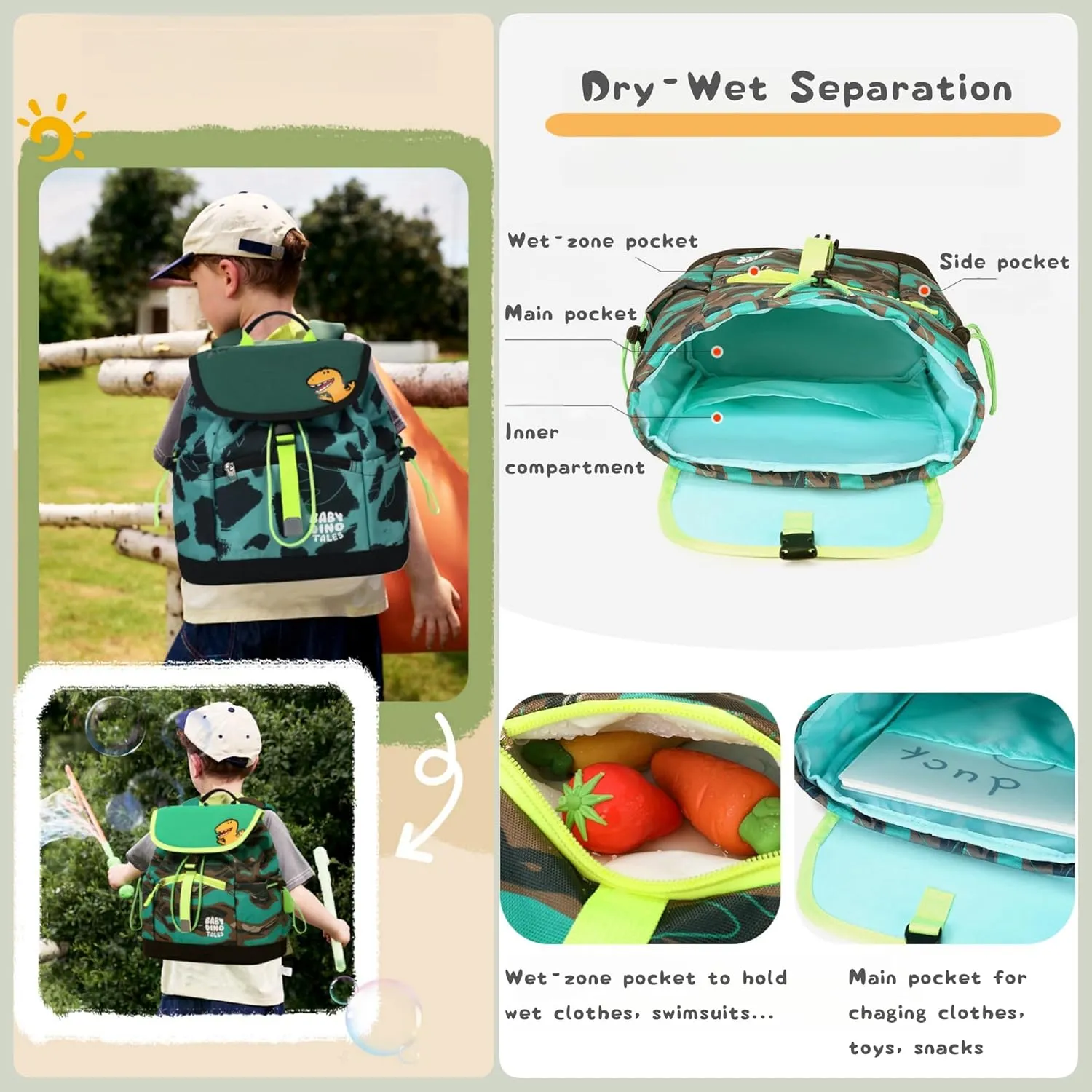 Toddler Boys Backpack, Dinosaur Drawstring Kids Preschool Backpack Bookbag Dry-Wet Separated, Fit A4 Folder, Sky-blue