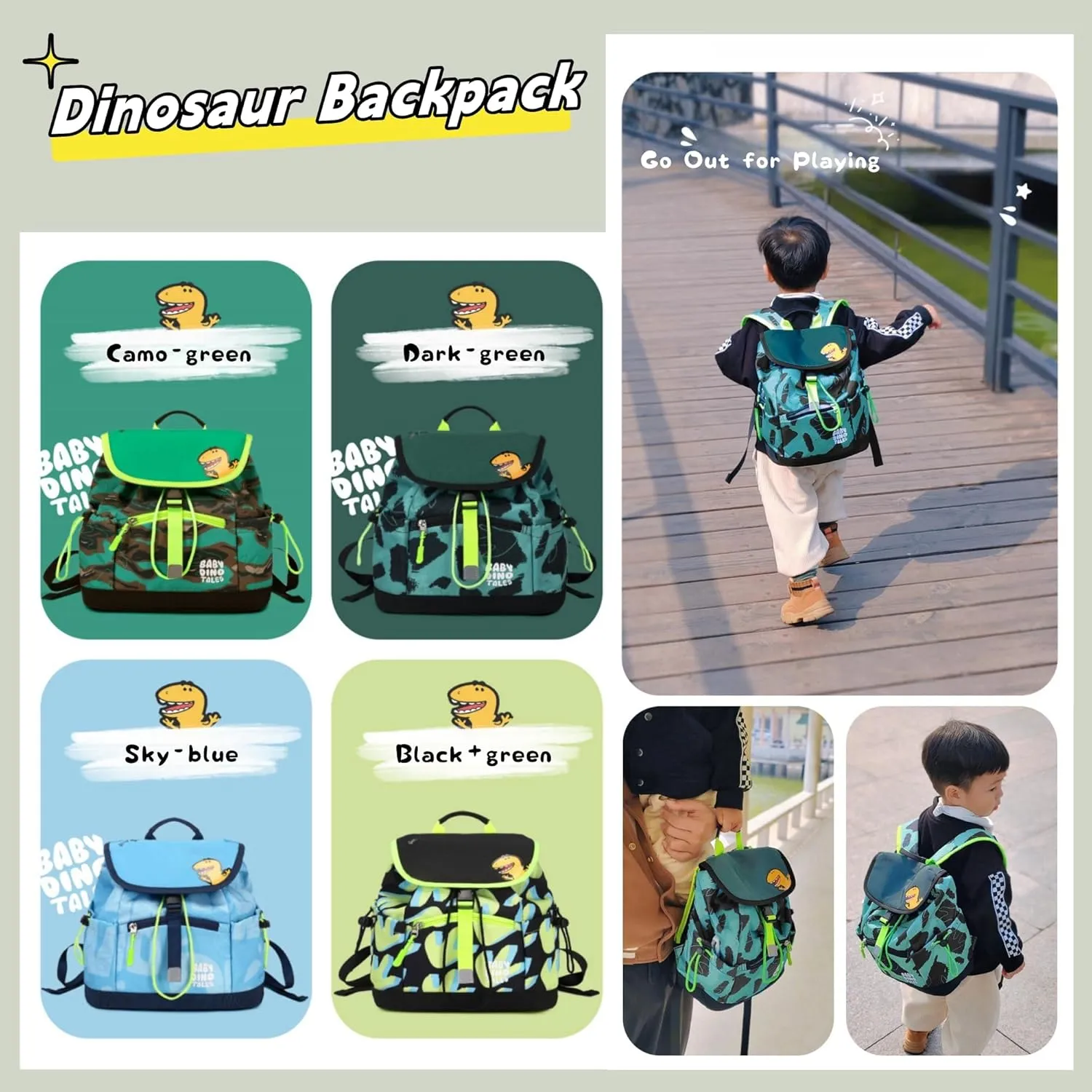 Toddler Boys Backpack, Dinosaur Drawstring Kids Preschool Backpack Bookbag Dry-Wet Separated, Fit A4 Folder, Sky-blue
