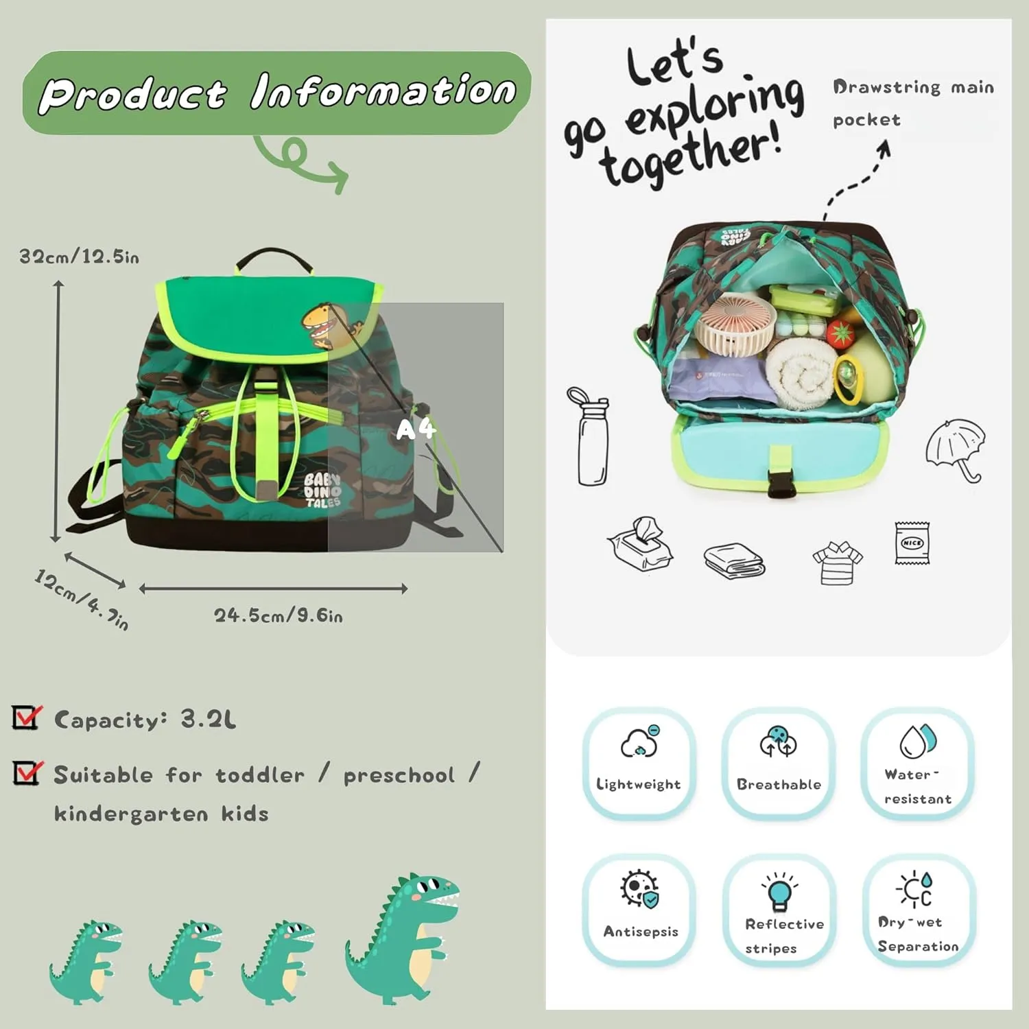 Toddler Boys Backpack, Dinosaur Drawstring Kids Preschool Backpack Bookbag Dry-Wet Separated, Fit A4 Folder, Sky-blue