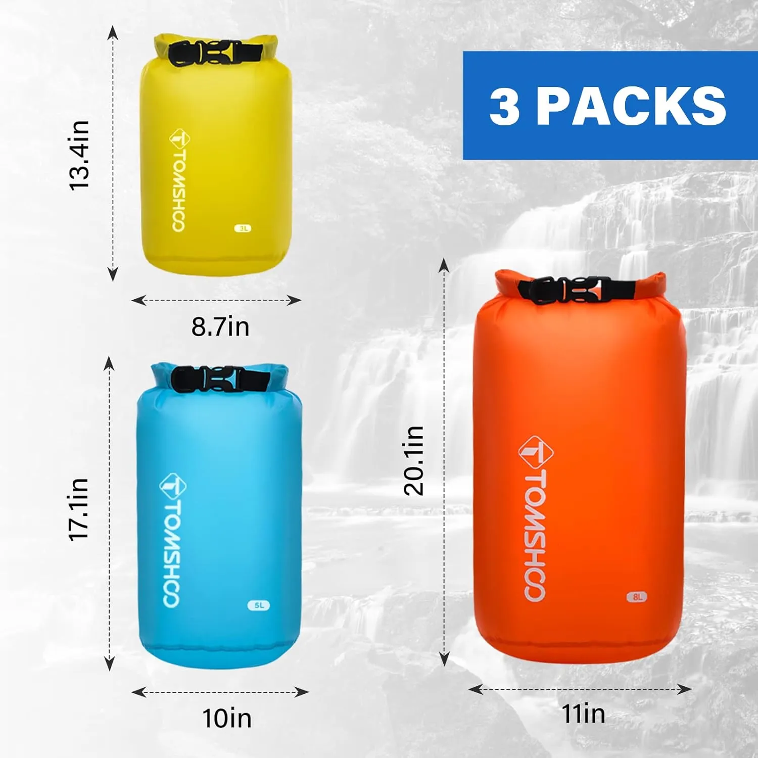 TOMSHOO Dry Bag 3-Pack/5-Pack, Lightweight Waterproof Bags Roll Top Sack Set Keeps Gear Dry for Hiking, Beach, Fishing, Kayaking, Boating, Swimming, Camping