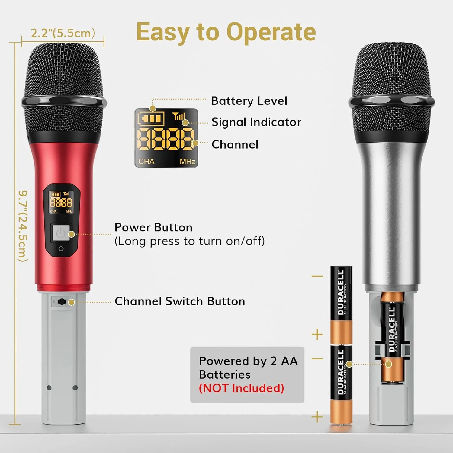 TONOR Wireless Microphone System, Professional Metal Cordless Karaoke Microphones, Handheld Dynamic Mic Set with Receiver for Home Party, Meeting, KTV, Church, DJ, Wedding, Singing, 200ft, TW820 Red