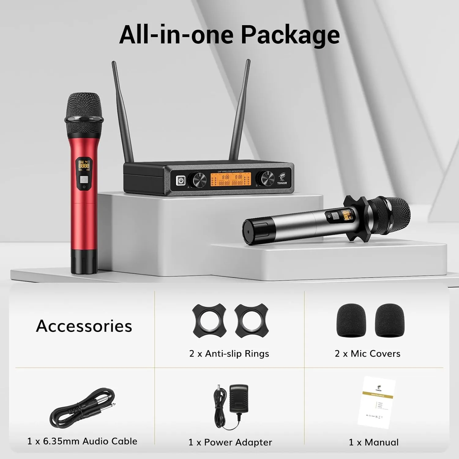 TONOR Wireless Microphone System, Professional Metal Cordless Karaoke Microphones, Handheld Dynamic Mic Set with Receiver for Home Party, Meeting, KTV, Church, DJ, Wedding, Singing, 200ft, TW820 Red