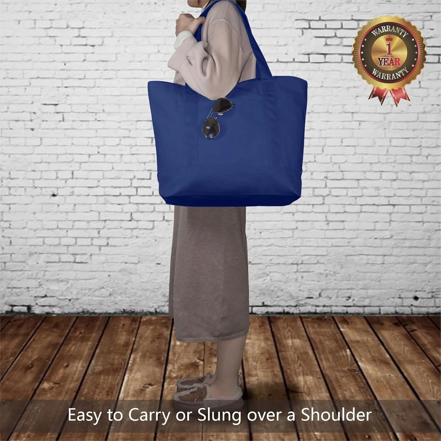 TOPDesign 1-Pack Canvas Tote Bag with an External Pocket, Reusable Grocery Shopping Bag, Top Zipper Closure, Daily Essentials (Blue)