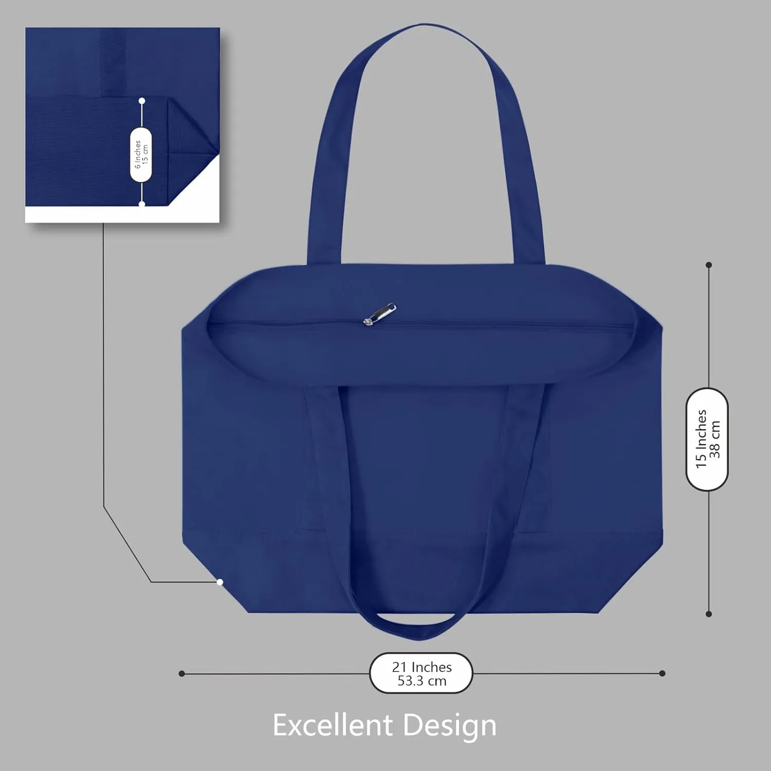 TOPDesign 1-Pack Canvas Tote Bag with an External Pocket, Reusable Grocery Shopping Bag, Top Zipper Closure, Daily Essentials (Blue)