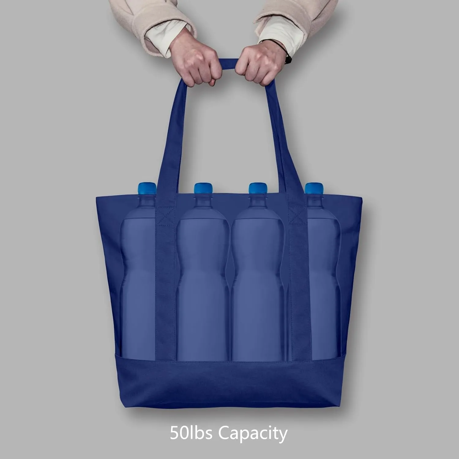 TOPDesign 1-Pack Canvas Tote Bag with an External Pocket, Reusable Grocery Shopping Bag, Top Zipper Closure, Daily Essentials (Blue)