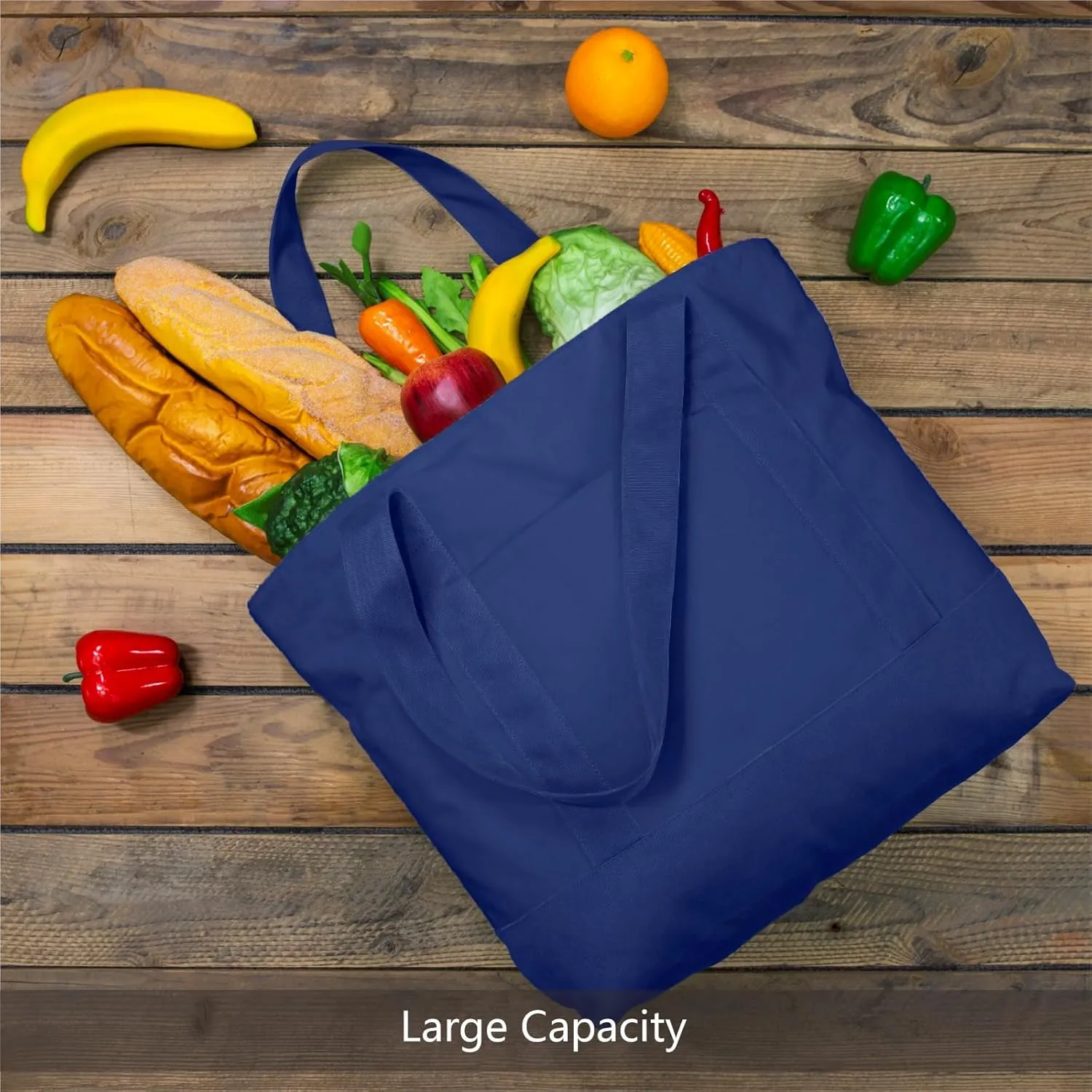 TOPDesign 1-Pack Canvas Tote Bag with an External Pocket, Reusable Grocery Shopping Bag, Top Zipper Closure, Daily Essentials (Blue)