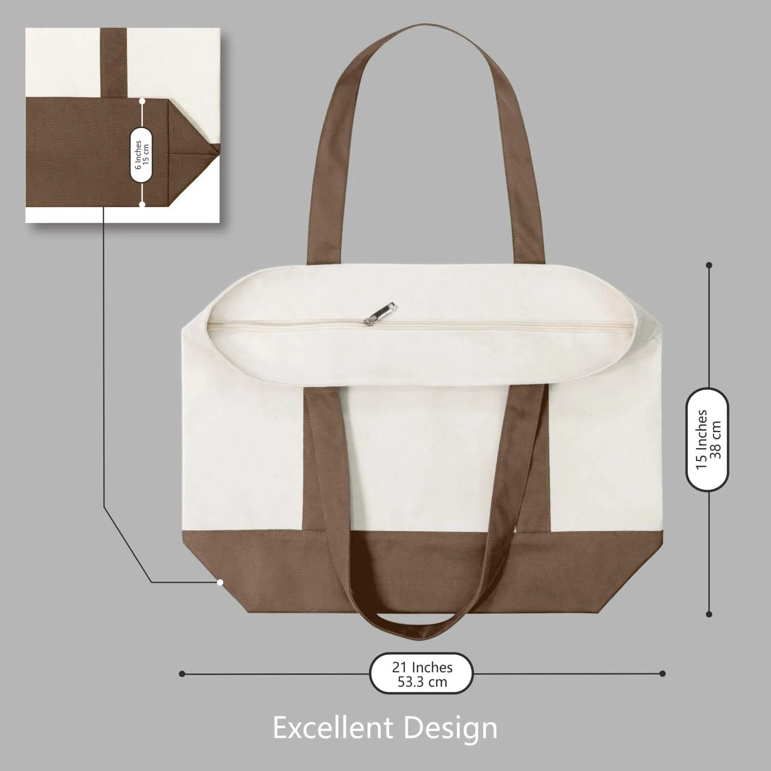 TOPDesign 1-Pack Canvas Tote Bag with an External Pocket, Reusable Grocery Shopping Bag, Top Zipper Closure, Daily Essentials (Brown/Natural)