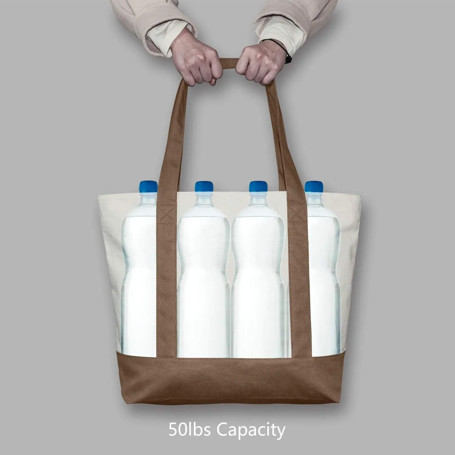 TOPDesign 1-Pack Canvas Tote Bag with an External Pocket, Reusable Grocery Shopping Bag, Top Zipper Closure, Daily Essentials (Brown/Natural)