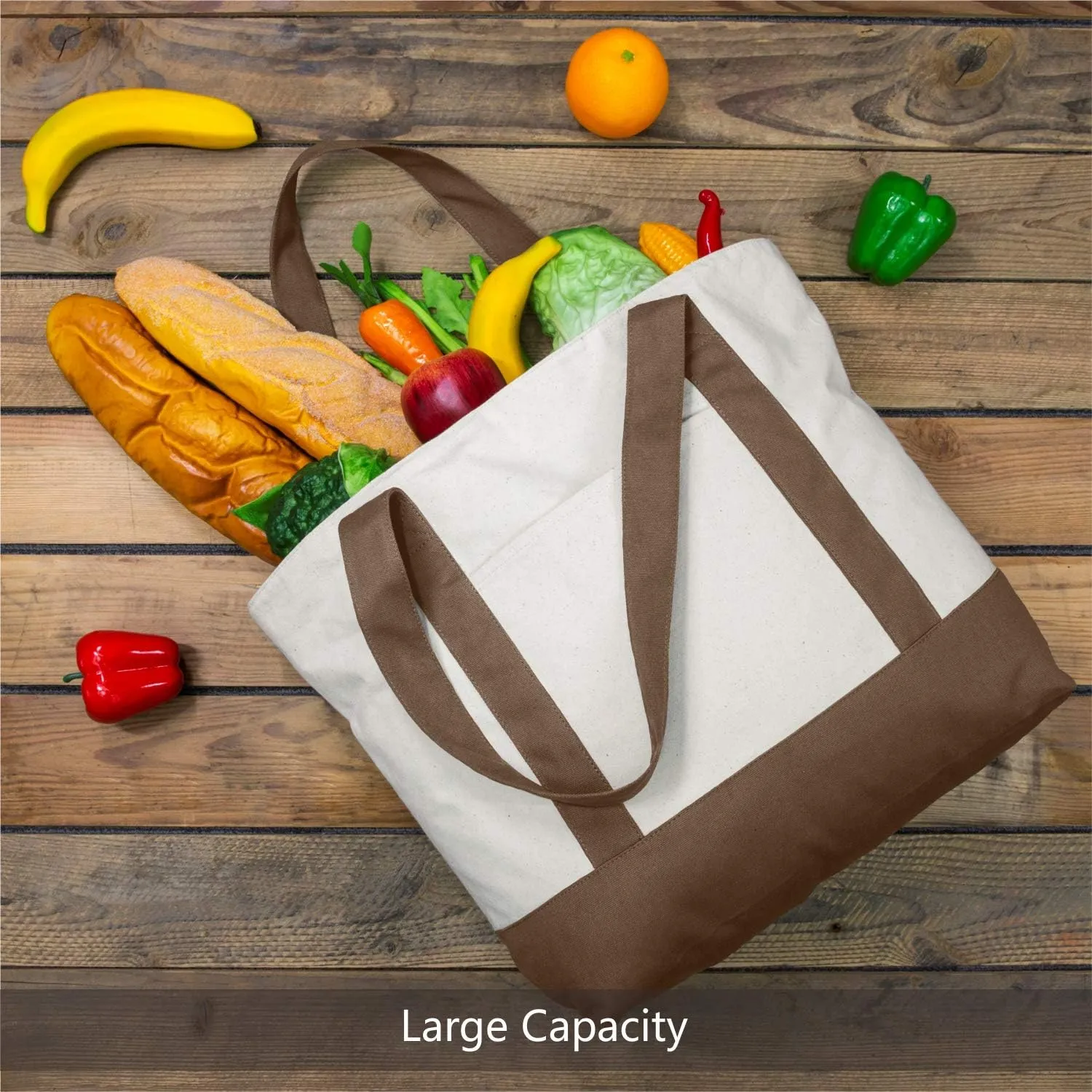 TOPDesign 1-Pack Canvas Tote Bag with an External Pocket, Reusable Grocery Shopping Bag, Top Zipper Closure, Daily Essentials (Brown/Natural)