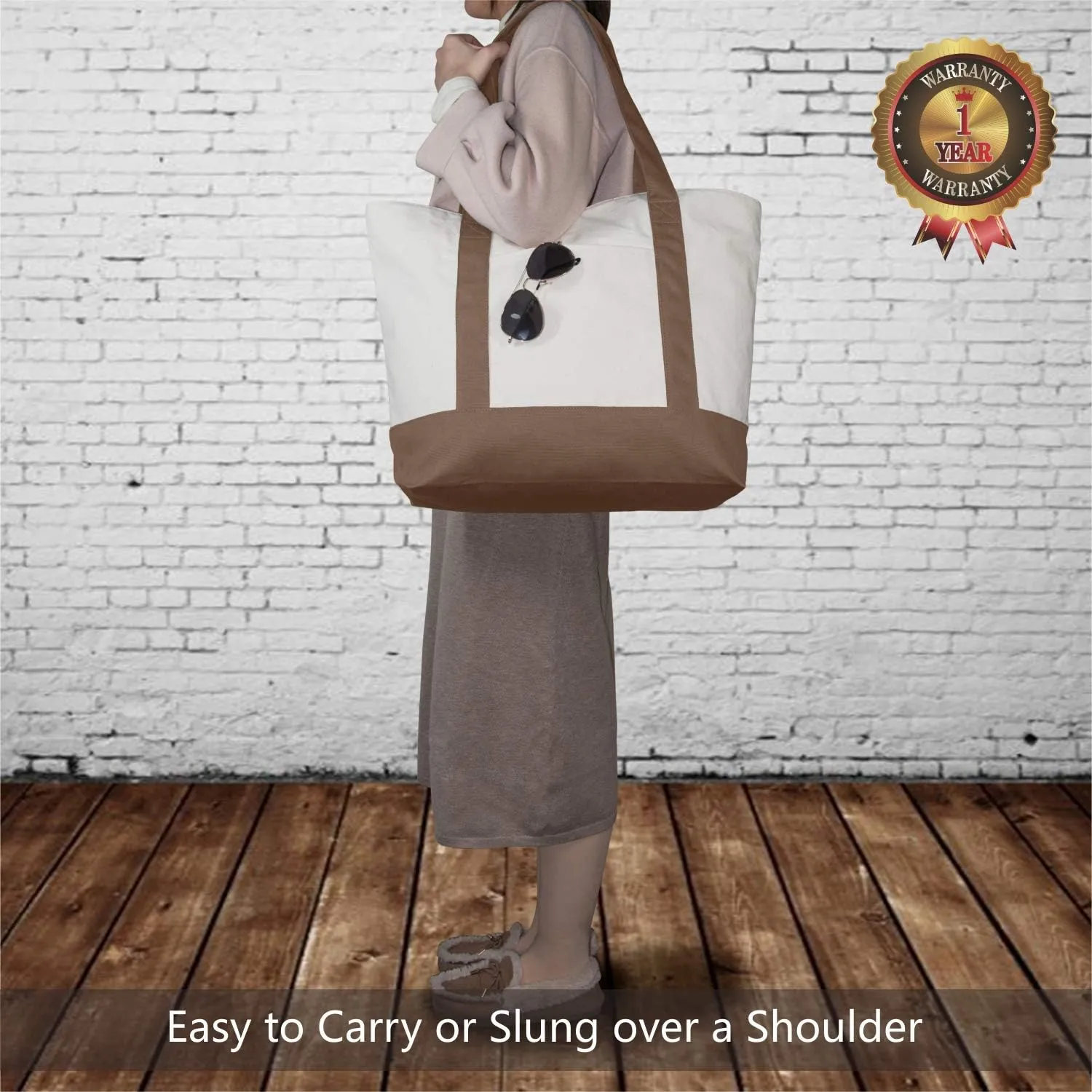 TOPDesign 1-Pack Canvas Tote Bag with an External Pocket, Reusable Grocery Shopping Bag, Top Zipper Closure, Daily Essentials (Brown/Natural)