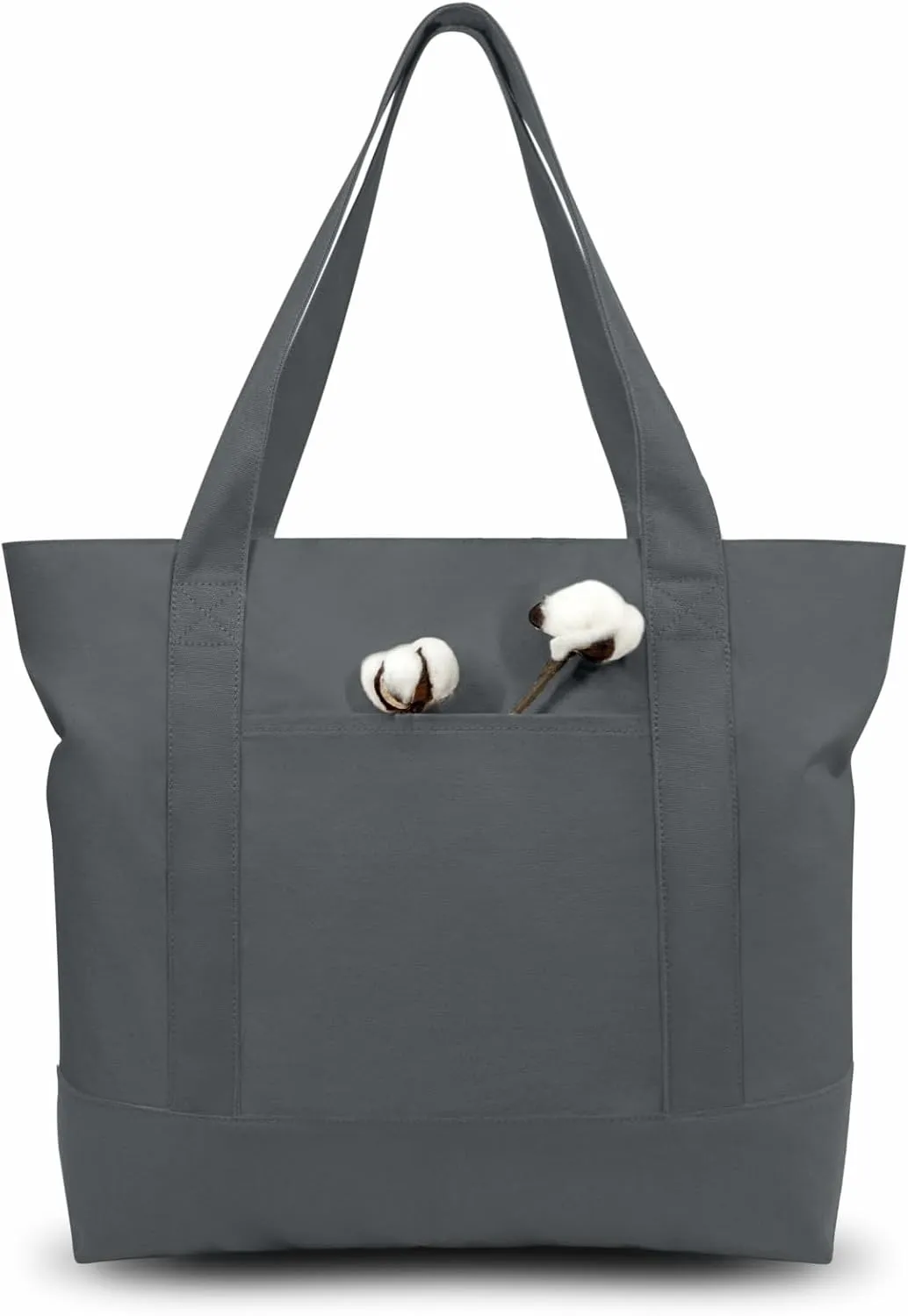 TOPDesign 1-Pack Canvas Tote Bag with an External Pocket, Reusable Grocery Shopping Bag, Top Zipper Closure, Daily Essentials (Grey)