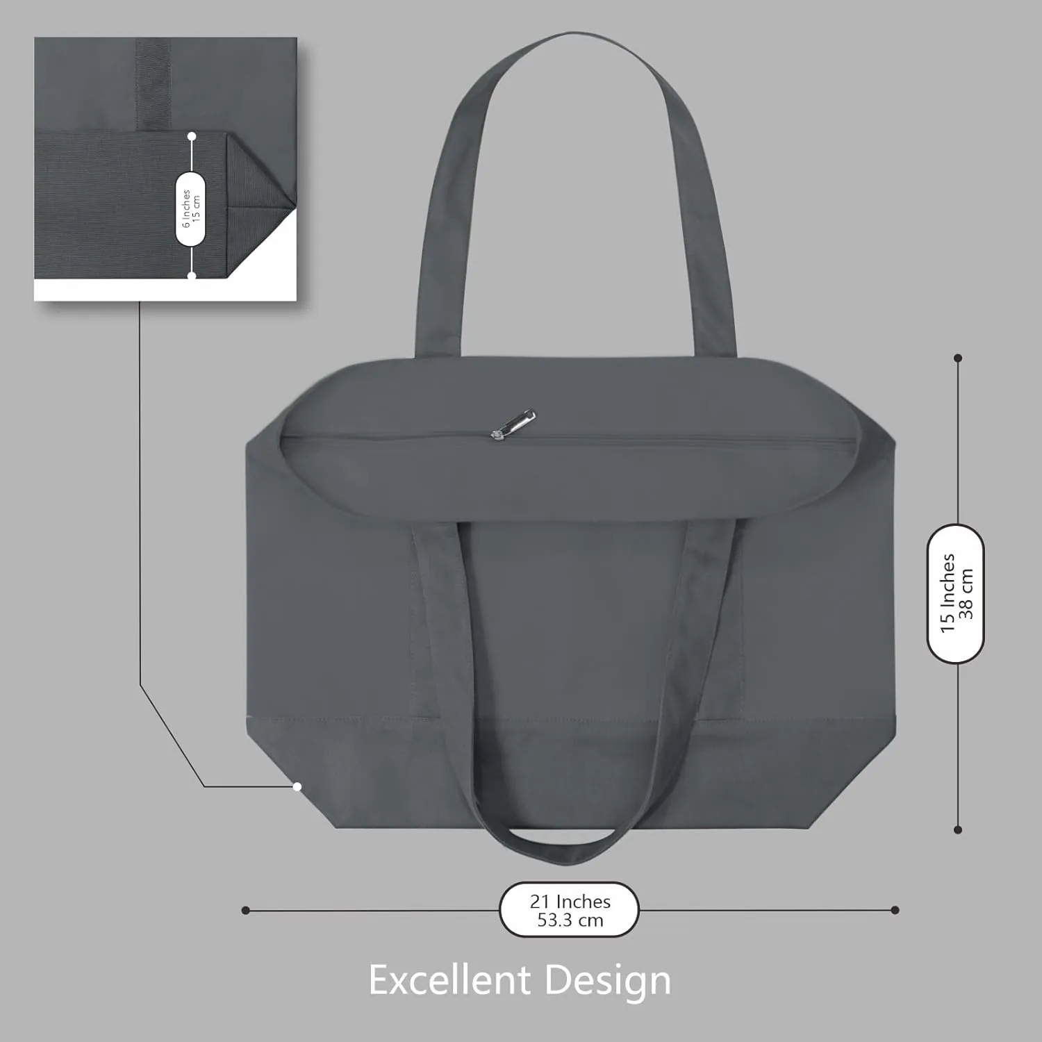 TOPDesign 1-Pack Canvas Tote Bag with an External Pocket, Reusable Grocery Shopping Bag, Top Zipper Closure, Daily Essentials (Grey)