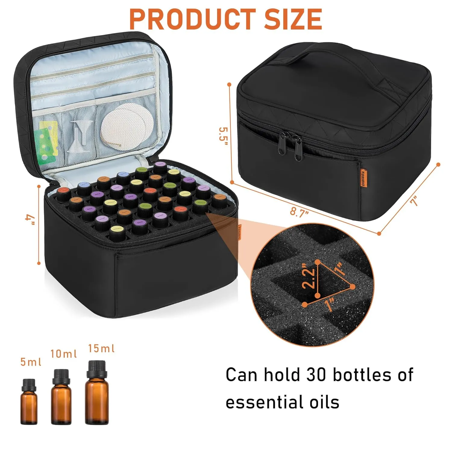 TORIBIO Essential Oils Carrying Case - Holds 30 Bottles (5ml-15ml), Essential Oil Storage Organizer for Essential Oil and Accessories, Bag Only