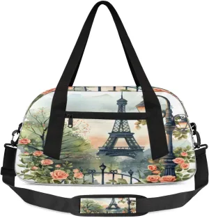 Tower Street Lamp Rose Watercolour Waterproof Sports Gym Bag Portable Dance Gymnastics Work Out Bag Lightweight Travel Duffel Bag Overnight Weekender Bag