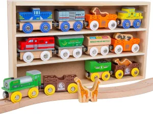 Toys 12 (18 Pcs) Wooden Engines & Train Cars Collection with Animals, Farm Safari Zoo Wooden Animal Train Cars, Circus Wooden Train Compatible with Thomas, Brio, Chuggington