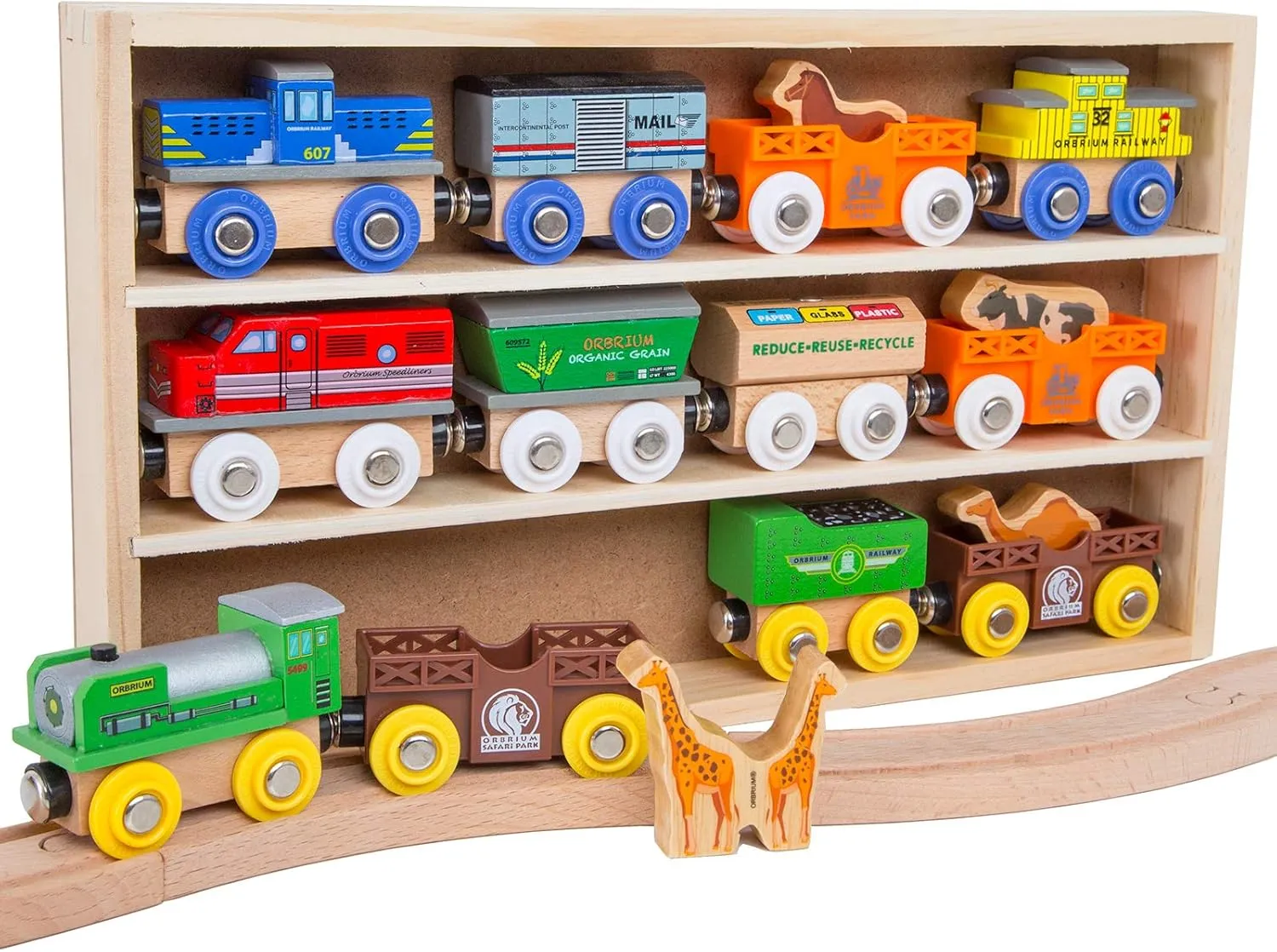 Toys 12 (18 Pcs) Wooden Engines & Train Cars Collection with Animals, Farm Safari Zoo Wooden Animal Train Cars, Circus Wooden Train Compatible with Thomas, Brio, Chuggington