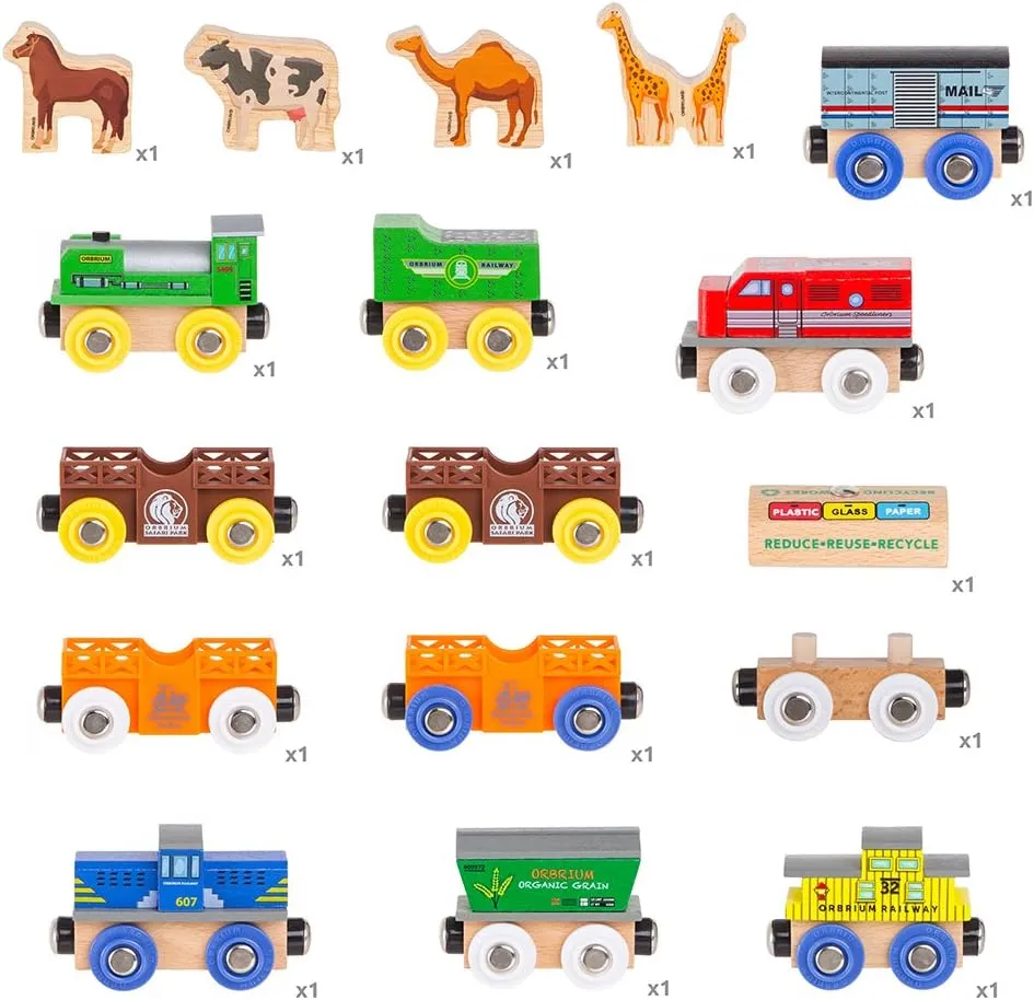 Toys 12 (18 Pcs) Wooden Engines & Train Cars Collection with Animals, Farm Safari Zoo Wooden Animal Train Cars, Circus Wooden Train Compatible with Thomas, Brio, Chuggington