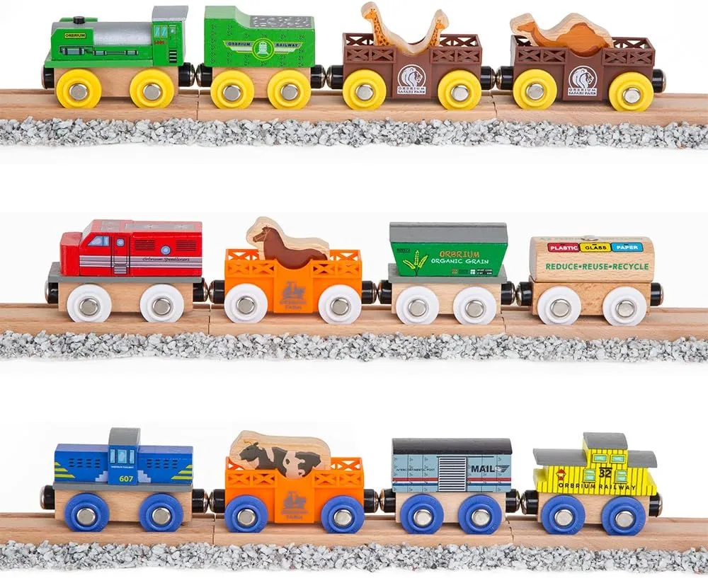 Toys 12 (18 Pcs) Wooden Engines & Train Cars Collection with Animals, Farm Safari Zoo Wooden Animal Train Cars, Circus Wooden Train Compatible with Thomas, Brio, Chuggington