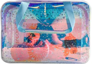 TPU Holographic Clear Star Large Cosmetic Bag and Travel Pouch with Handle,Durable TPU Material,Zipper Design-Ideal for Makeup,Travel Essentials (Holographic blue)