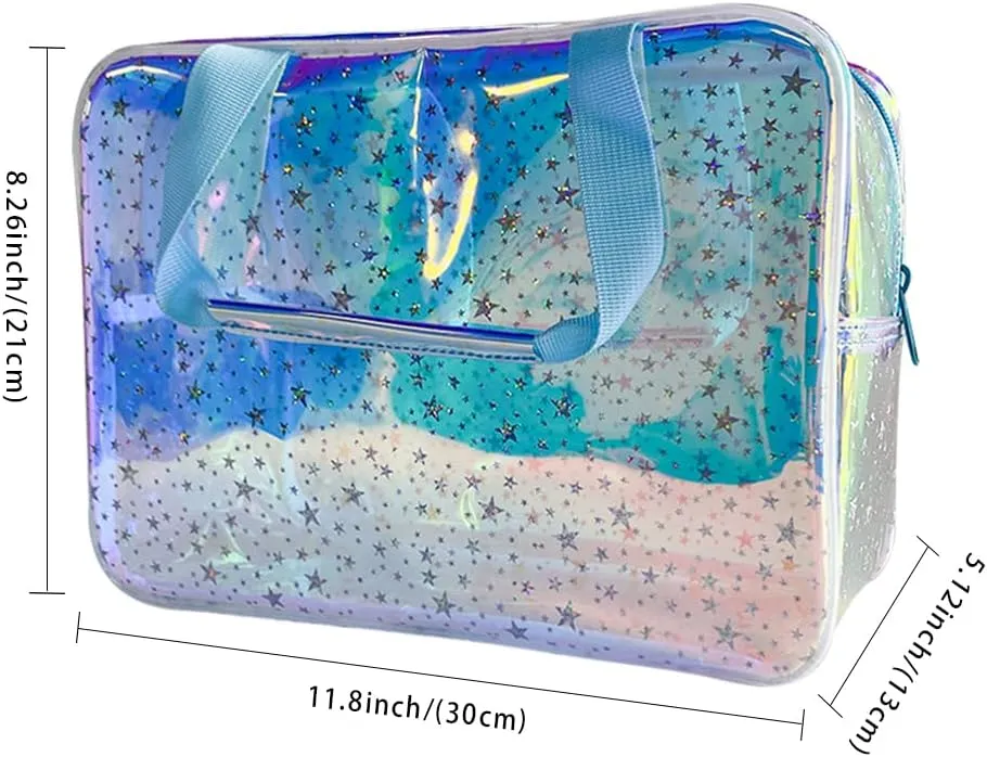 TPU Holographic Clear Star Large Cosmetic Bag and Travel Pouch with Handle,Durable TPU Material,Zipper Design-Ideal for Makeup,Travel Essentials (Holographic blue)