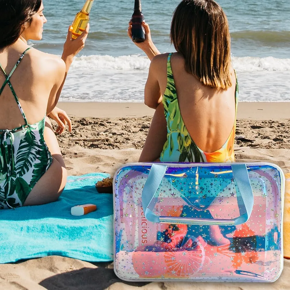 TPU Holographic Clear Star Large Cosmetic Bag and Travel Pouch with Handle,Durable TPU Material,Zipper Design-Ideal for Makeup,Travel Essentials (Holographic blue)