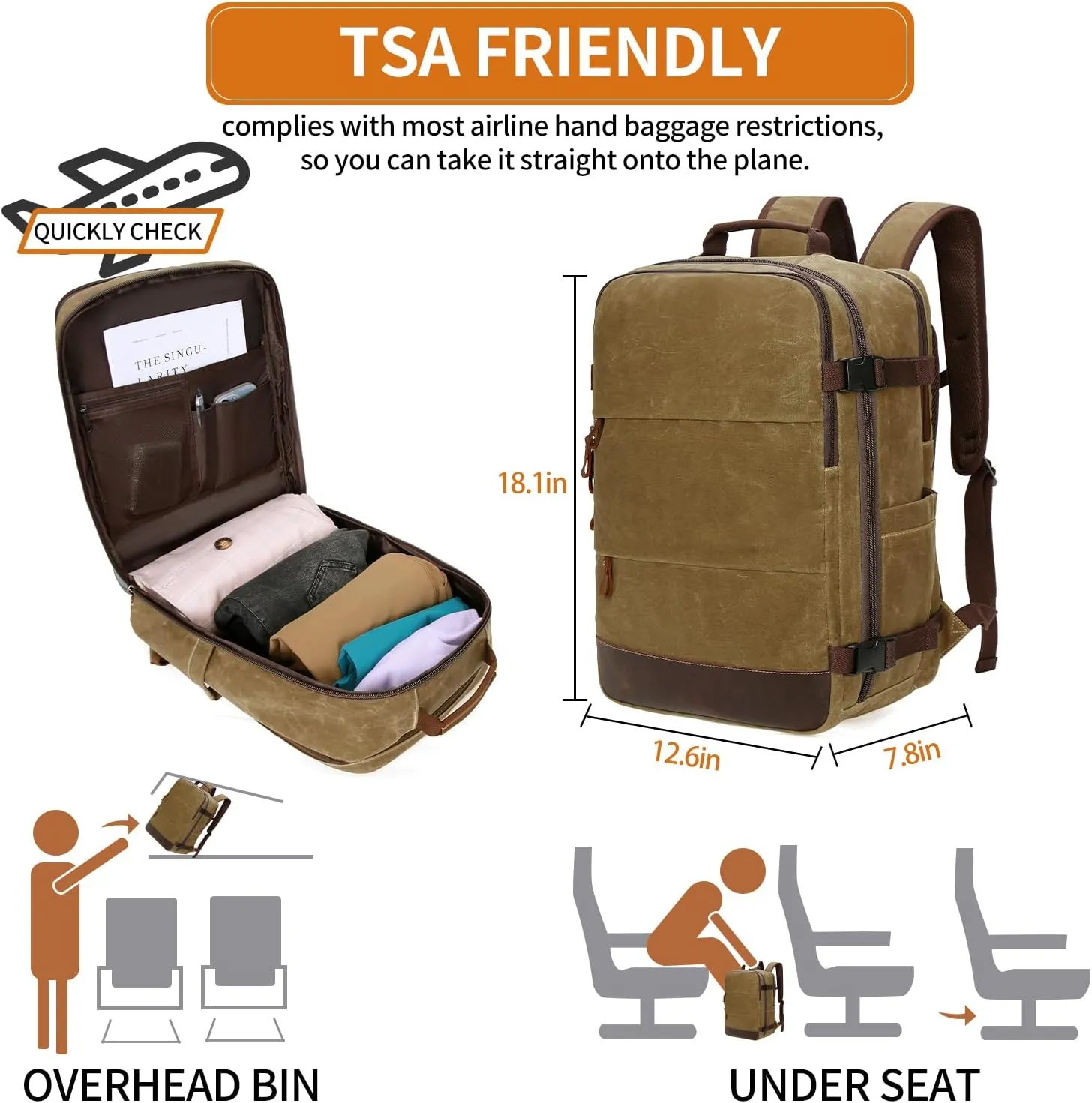 Travel Backpack for Men Carry On Backpack Flight Approved Personal Item Backpack, 18.4 inch Laptop Backpack Casual Daypack Weekender Business Hiking Backpack, Brown