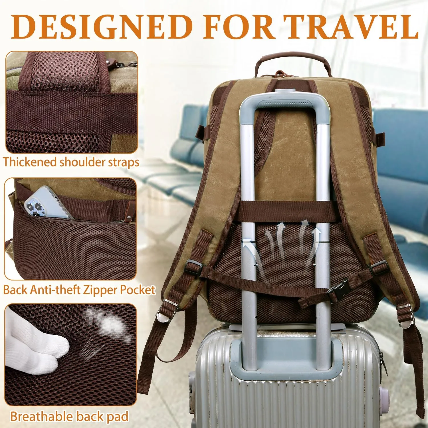 Travel Backpack for Men Carry On Backpack Flight Approved Personal Item Backpack, 18.4 inch Laptop Backpack Casual Daypack Weekender Business Hiking Backpack, Brown
