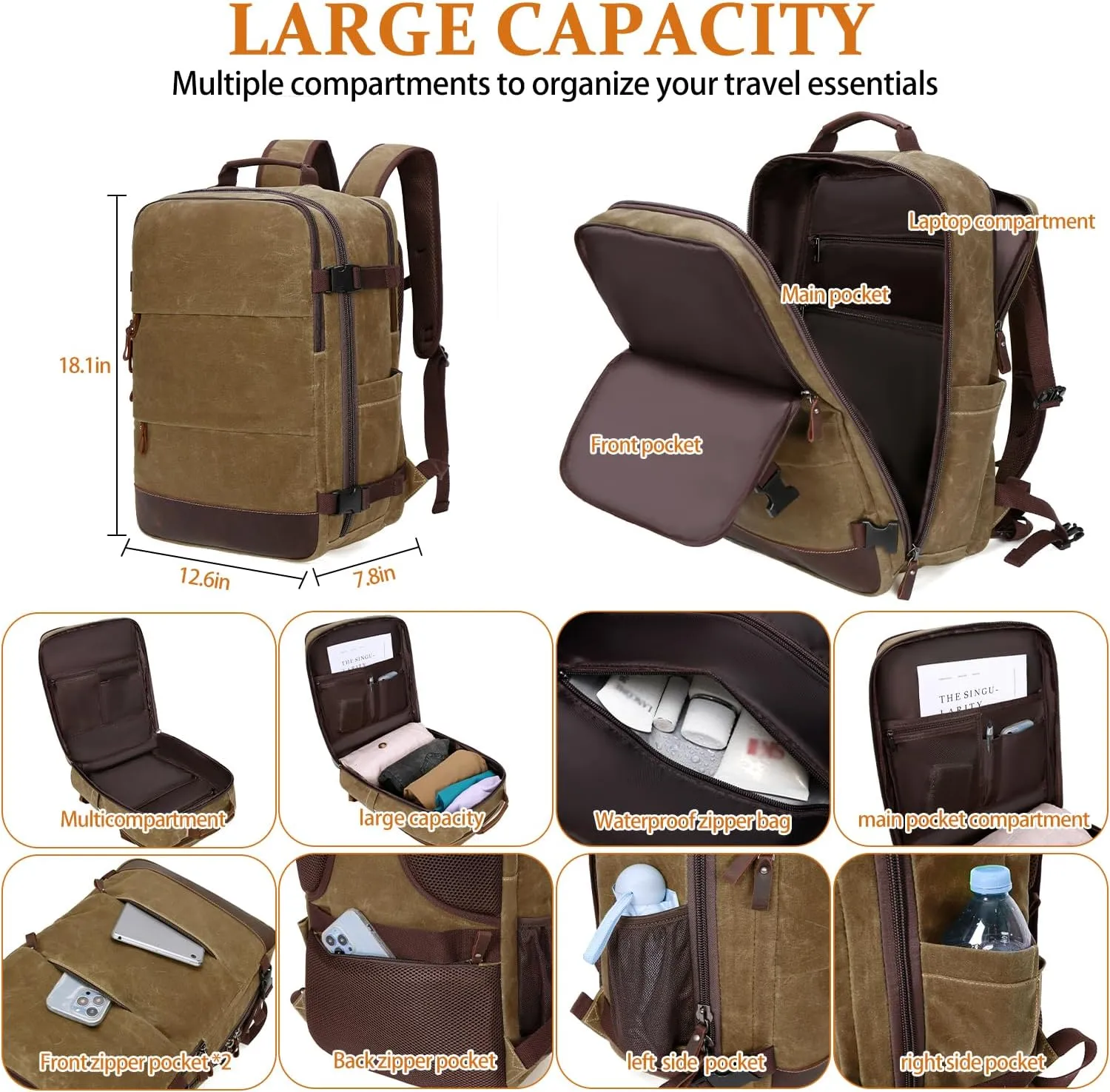 Travel Backpack for Men Carry On Backpack Flight Approved Personal Item Backpack, 18.4 inch Laptop Backpack Casual Daypack Weekender Business Hiking Backpack, Brown
