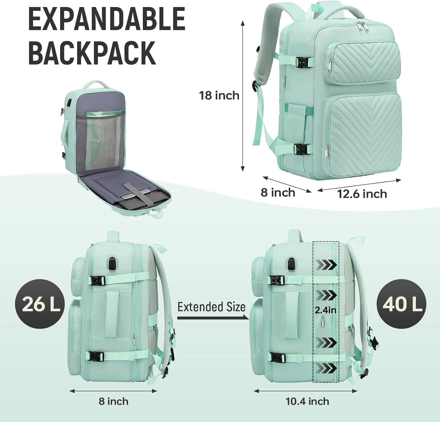 Travel Backpack for Women, Flight Approved Carry on Backpack, Large Expandable Suitcase Bag, 17.3" Laptop Bag for Weekender Business Camping Hiking, Light Cyan
