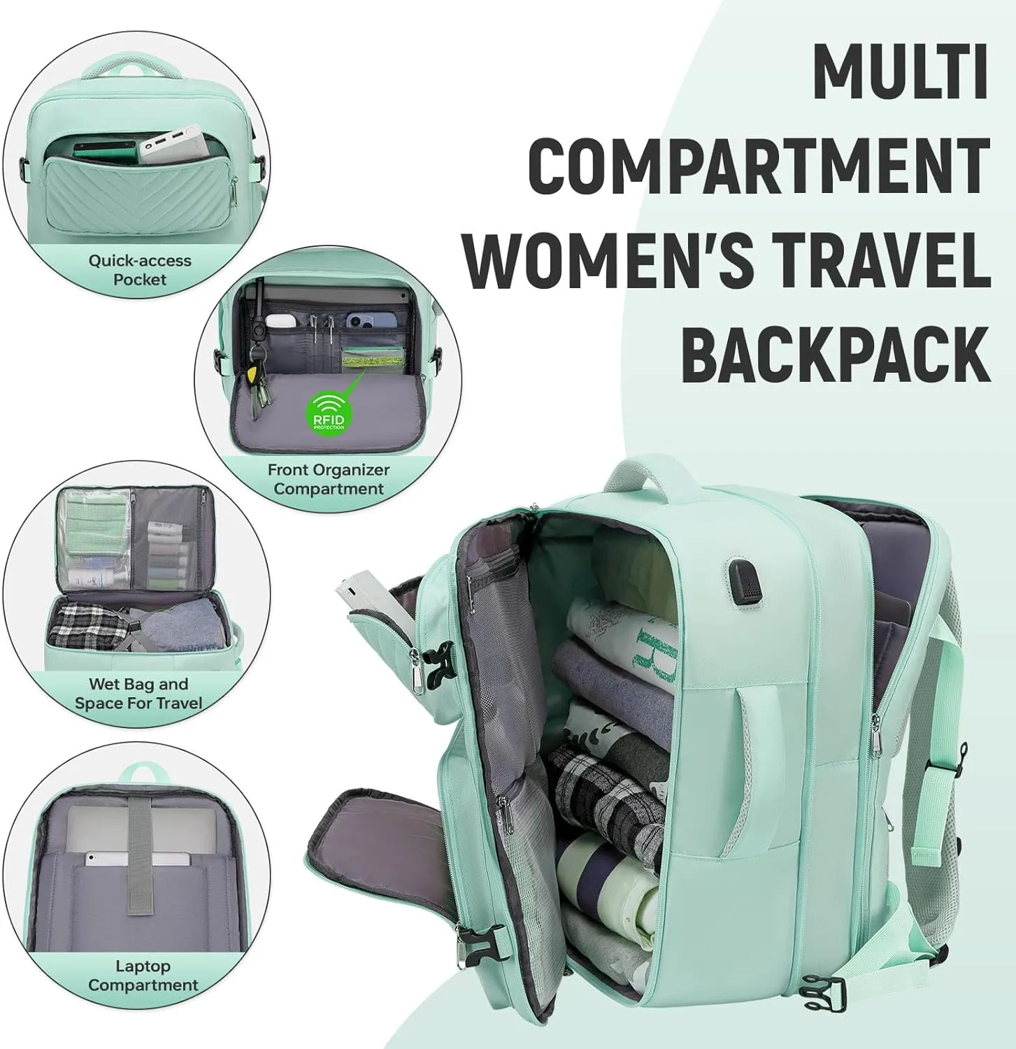 Travel Backpack for Women, Flight Approved Carry on Backpack, Large Expandable Suitcase Bag, 17.3" Laptop Bag for Weekender Business Camping Hiking, Light Cyan