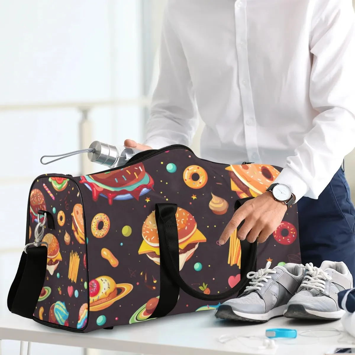 Travel Duffel Bag, Funny Universe Hamburger Planet Sports Tote Gym Bag Foldable Western Aztec Weekender Bag Carry on Luggage Handle Bag Overnight Shoulder Bag for Women Men,A-252