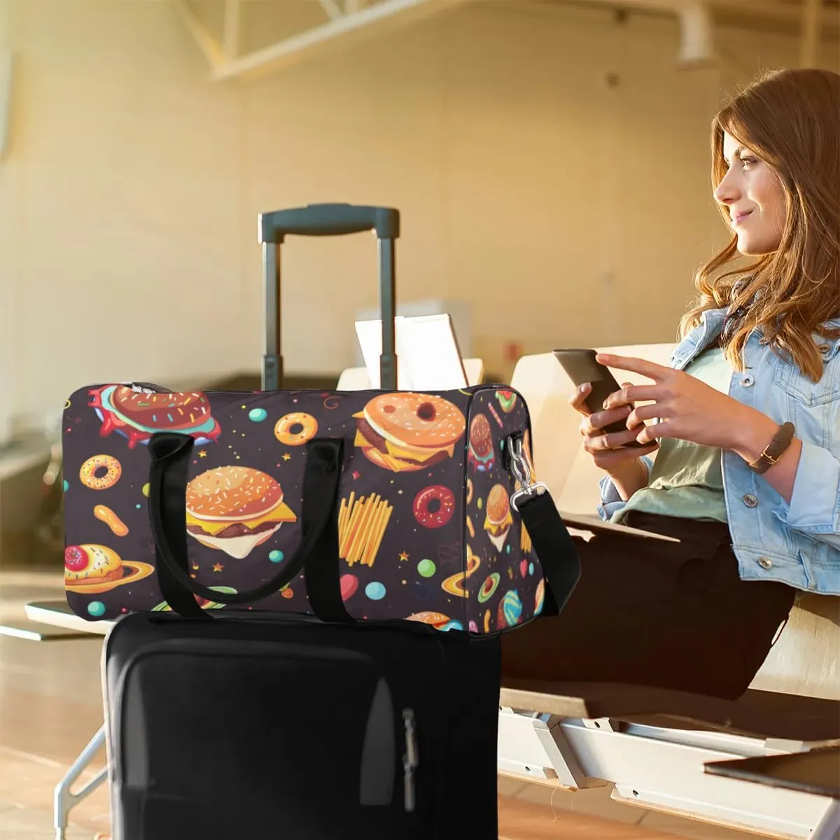 Travel Duffel Bag, Funny Universe Hamburger Planet Sports Tote Gym Bag Foldable Western Aztec Weekender Bag Carry on Luggage Handle Bag Overnight Shoulder Bag for Women Men,A-252