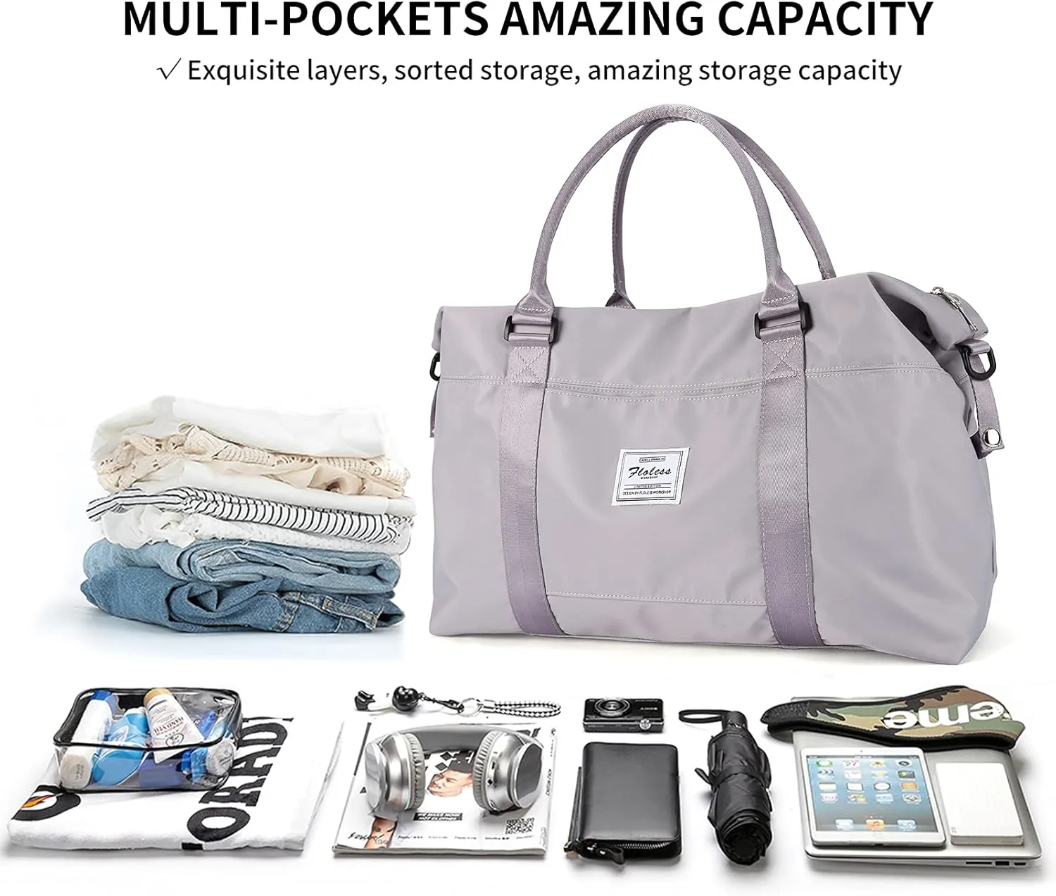 Travel Duffel Bag, Sports Tote Bag, Shoulder Weekender Overnight Bag for Women(B-Light Gery)