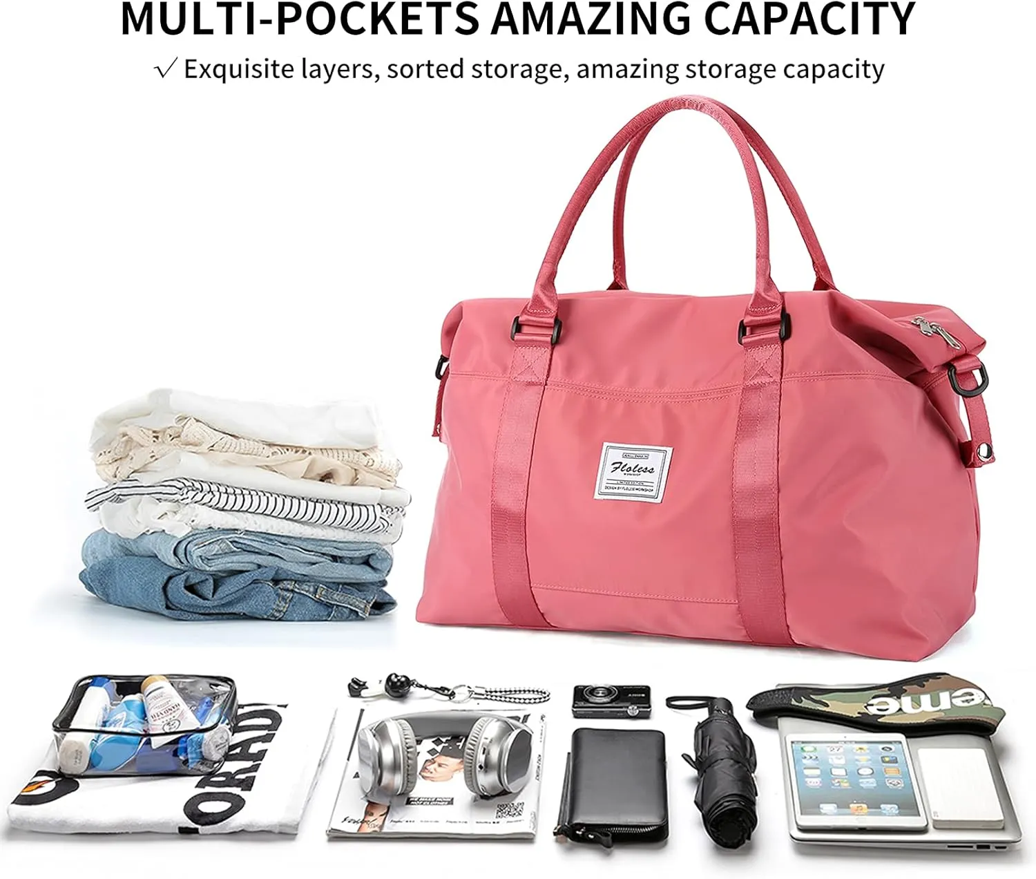Travel Duffel Bag, Sports Tote COLOY Bag, Shoulder Weekender Overnight Bag for Women(B-Coral Red)