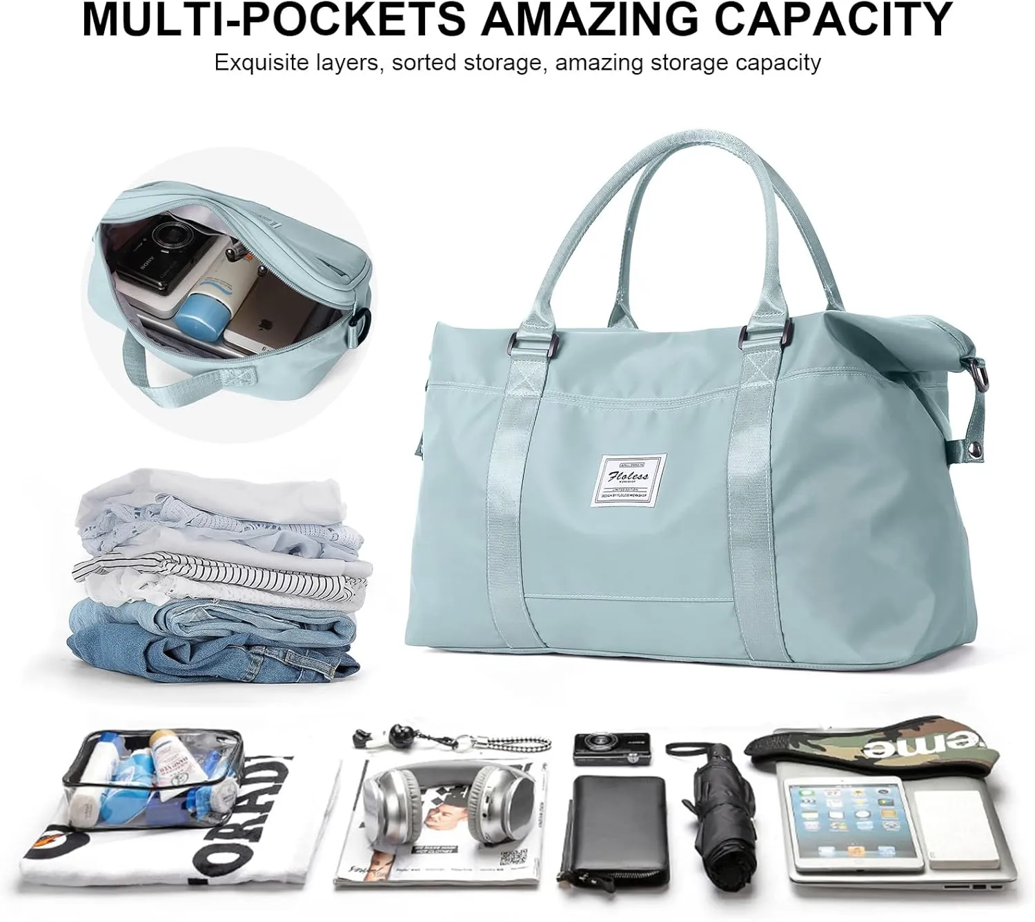 Travel Duffel Bag, Sports Tote COLOY Bag, Shoulder Weekender Overnight Bag for Women(B-Light Blue)