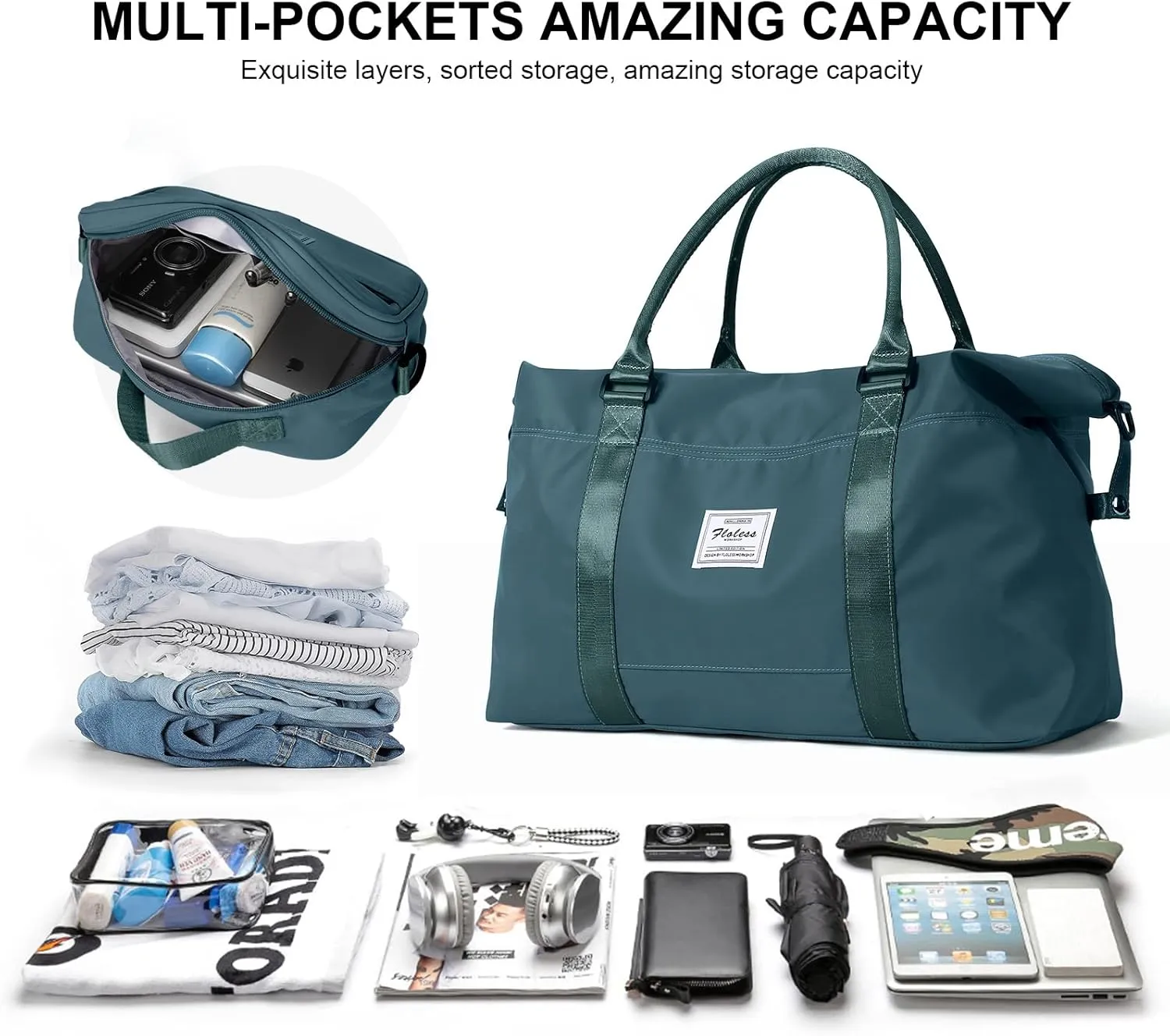 Travel Duffel Bag, Sports Tote COLOY Bag, Shoulder Weekender Overnight Bag for Women(B-Peacock Blue)