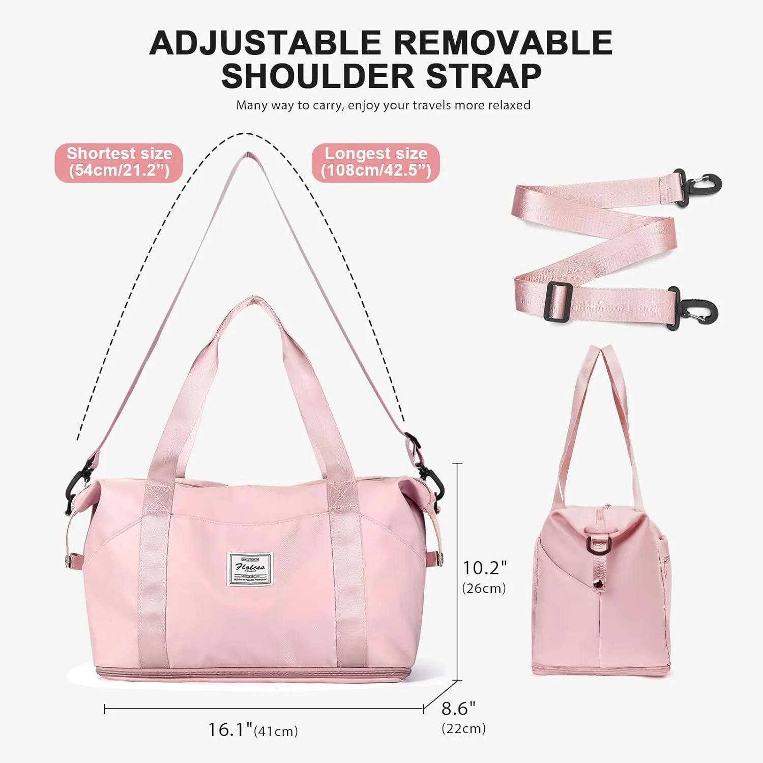 Travel Duffel Bag,Sports Tote Gym For Spirit Airlines Personal Item Bag 18x14x8 Foldable,Carry on Shoulder Expandable Weekender Overnight for Women,Pink