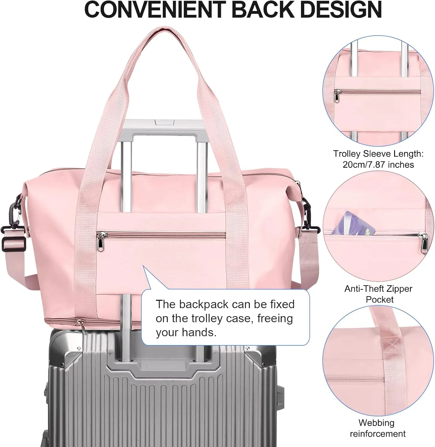 Travel Duffel Bag,Sports Tote Gym For Spirit Airlines Personal Item Bag 18x14x8 Foldable,Carry on Shoulder Expandable Weekender Overnight for Women,Pink