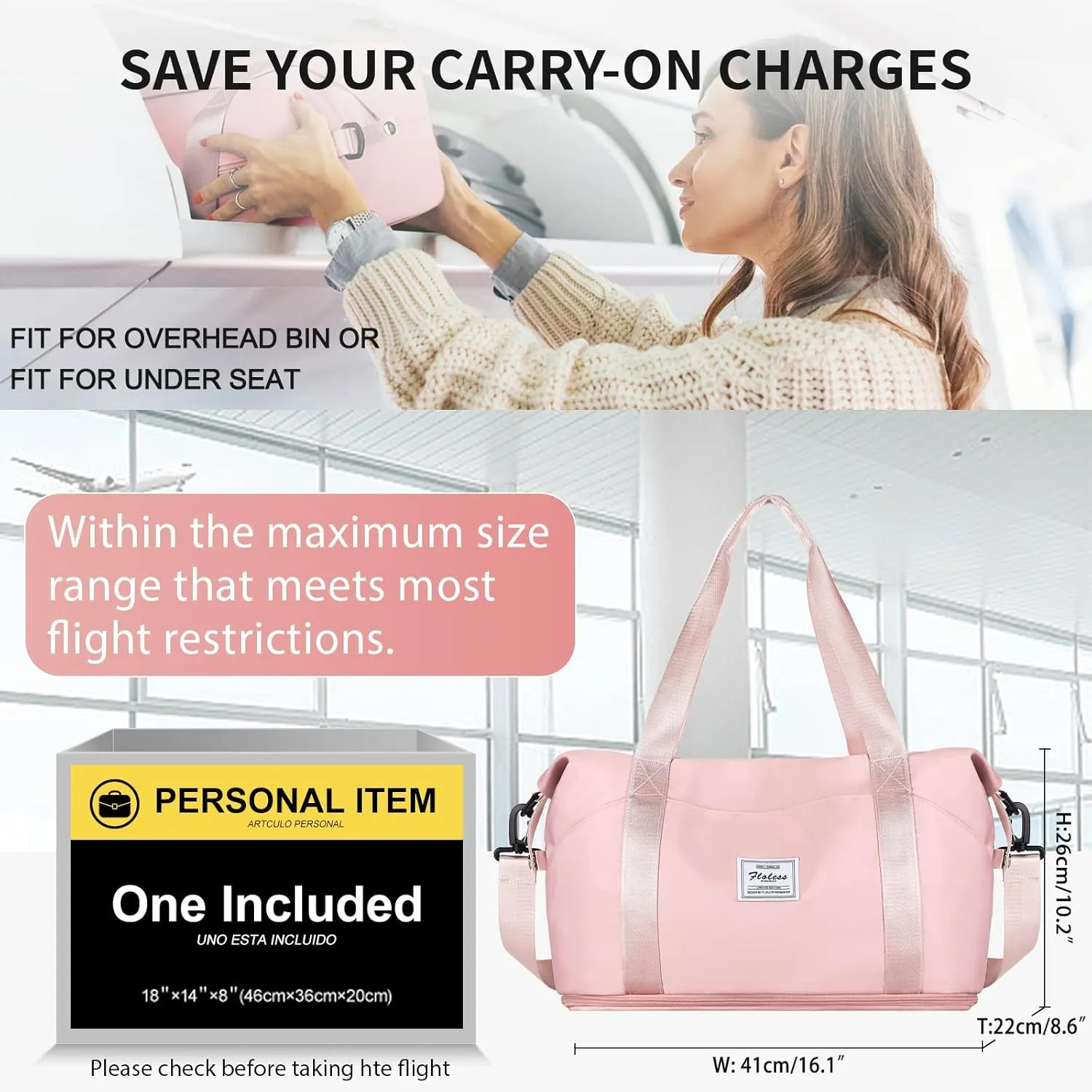 Travel Duffel Bag,Sports Tote Gym For Spirit Airlines Personal Item Bag 18x14x8 Foldable,Carry on Shoulder Expandable Weekender Overnight for Women,Pink