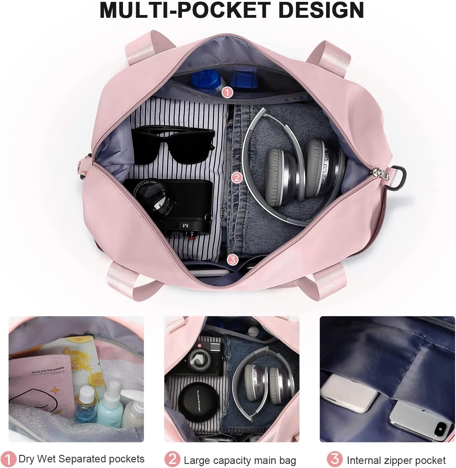 Travel Duffel Bag,Sports Tote Gym For Spirit Airlines Personal Item Bag 18x14x8 Foldable,Carry on Shoulder Expandable Weekender Overnight for Women,Pink