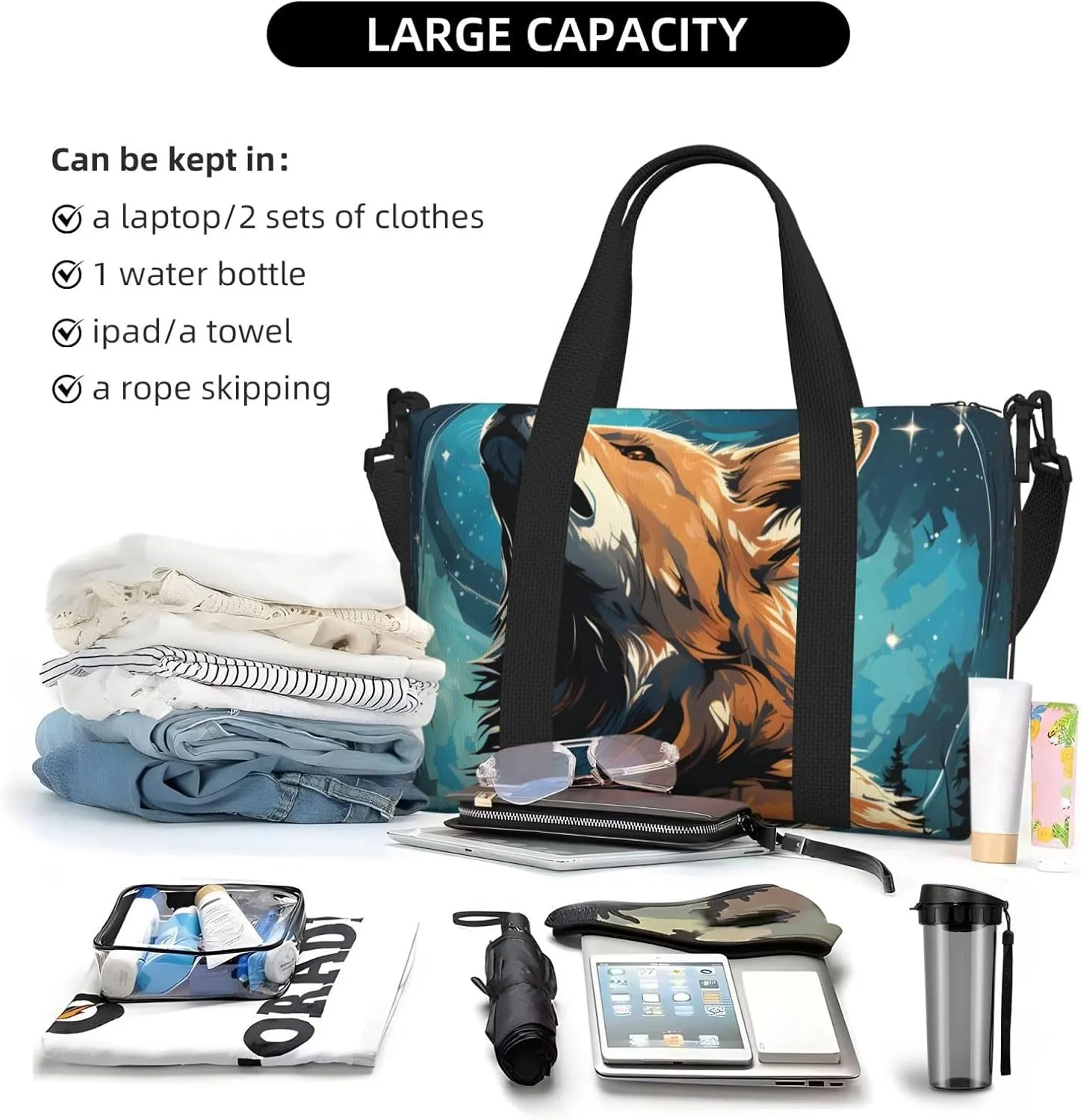 Travel Duffle Bag A Wolf That Overlooks Everything Weekender Overnight Bags Luggage Bag for Women Men Waterproof Sports Gym Bag Hand Bag with Shoulder Strap